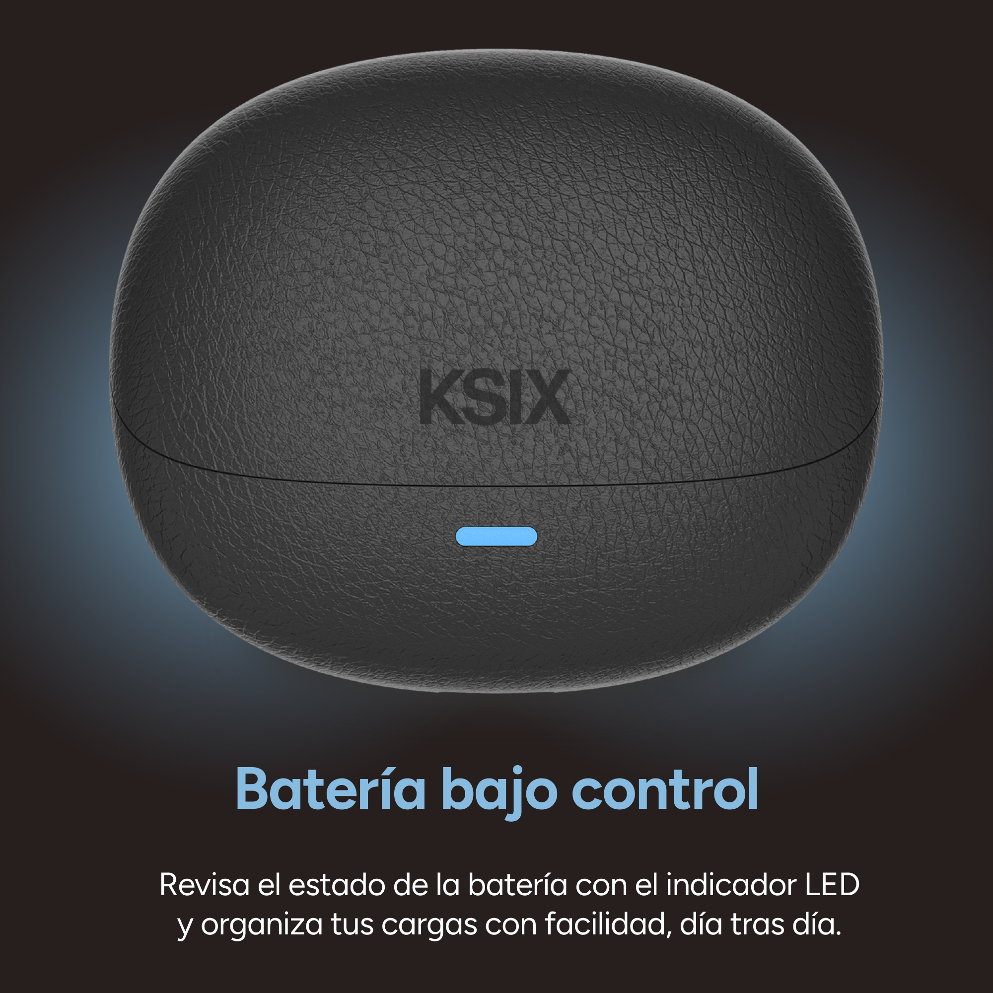 Un estuche negro KSIX con indicador LED azul sobre fondo oscuro.