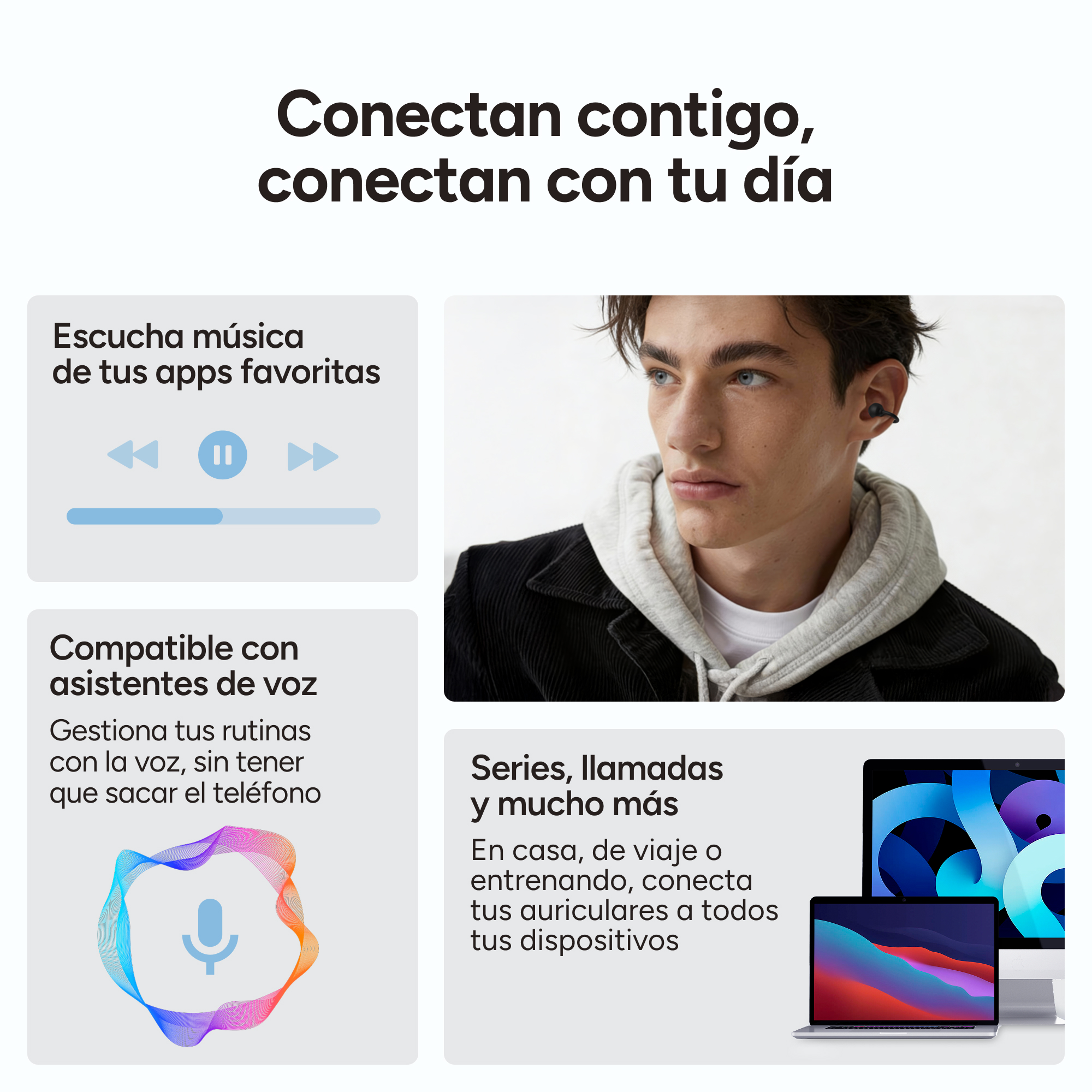 Hombre con auriculares, app de música y dispositivos Apple.