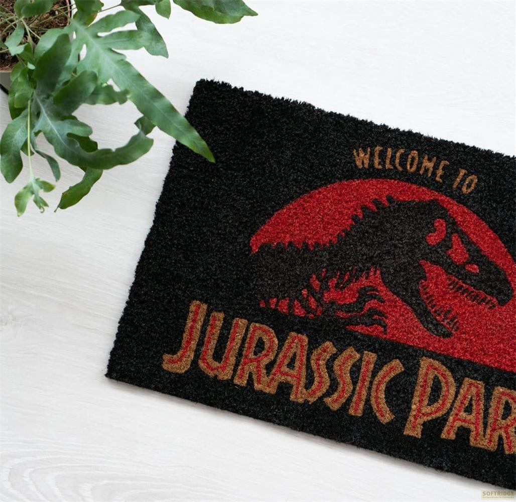 Czarna wycieraczka "Welcome to Jurassic Park" z sylwetką dinozaura.