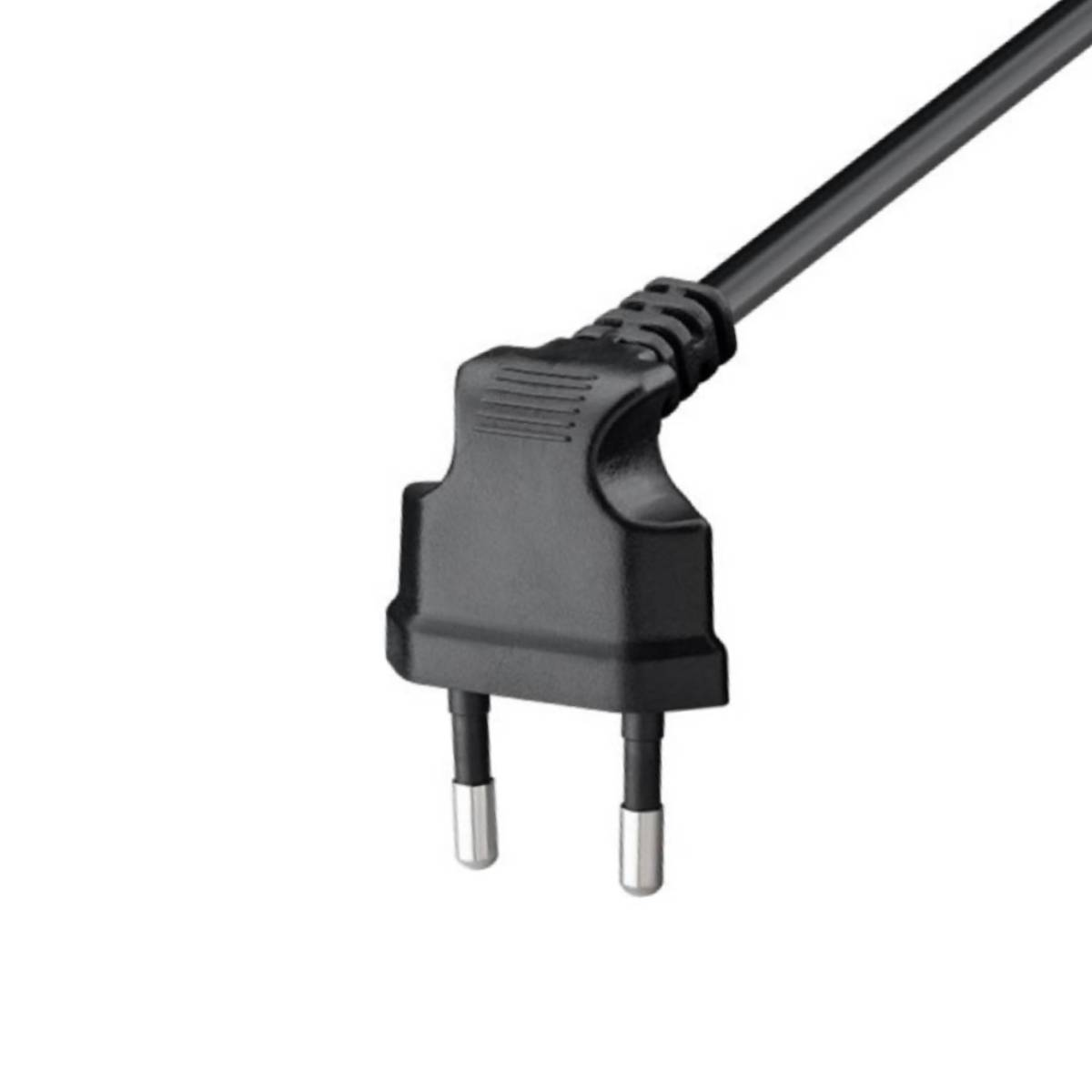 Una spina elettrica nera con due pin rotondi e un cavo.
