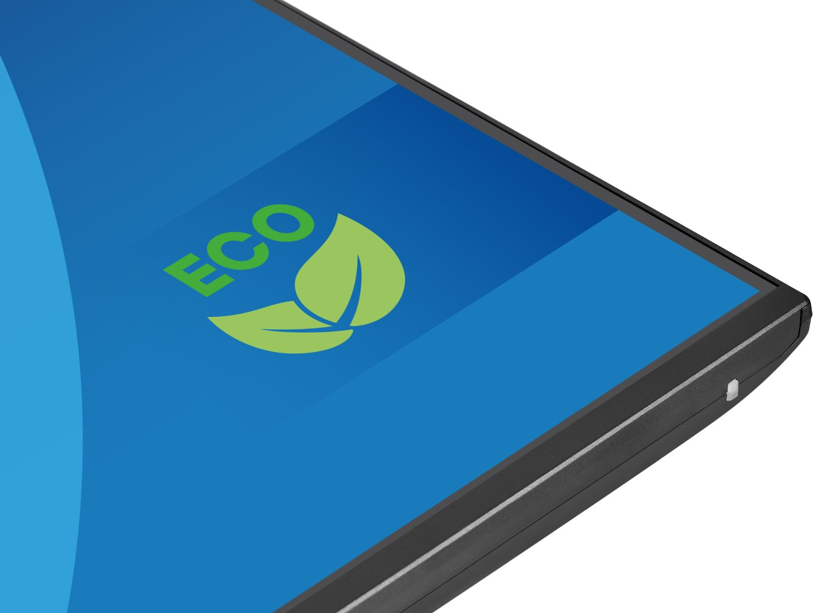 Zielone logo liścia i słowo "Eco" na niebieskim tle na czarnym ekranie.