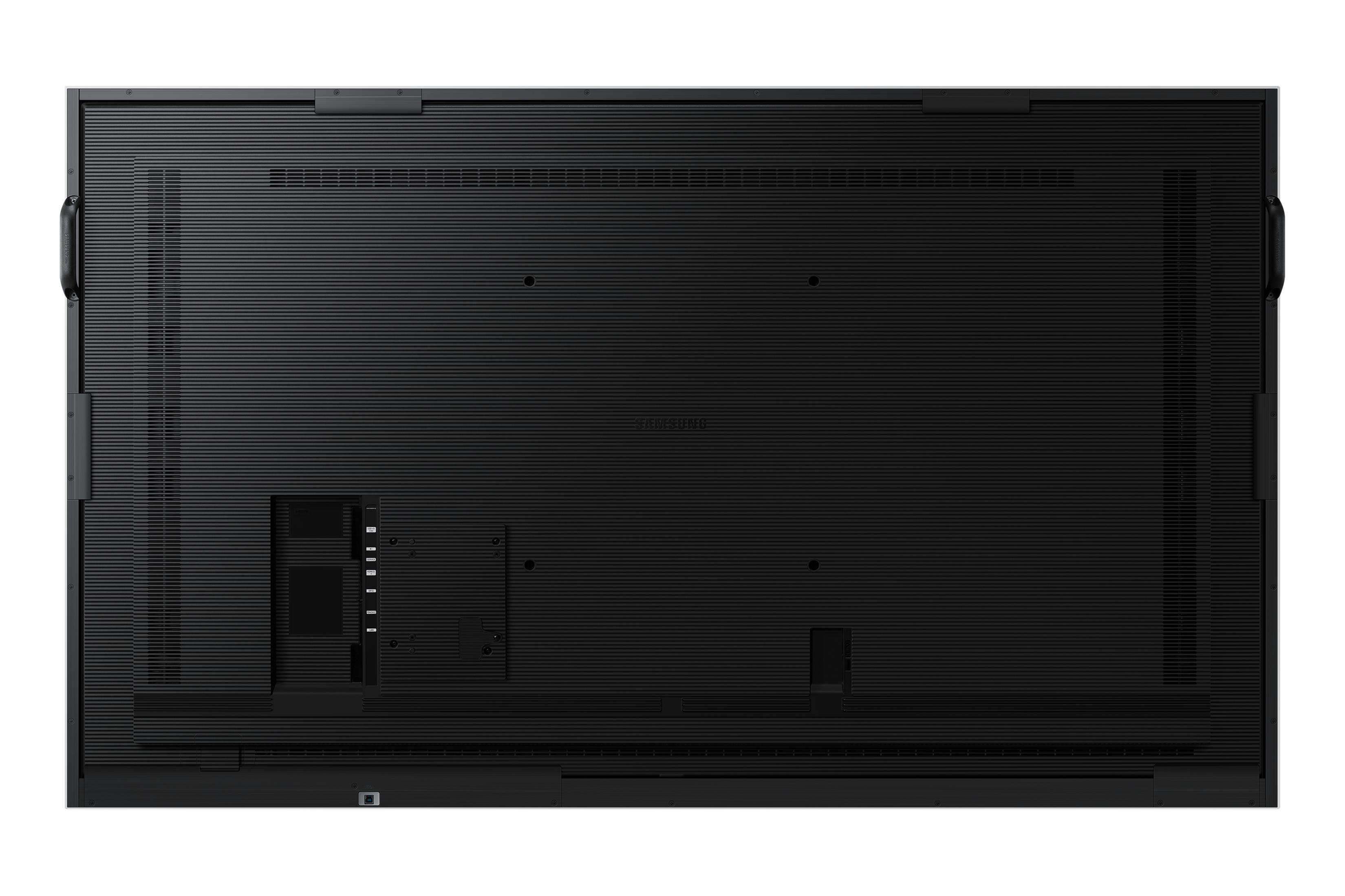Back of a black Samsung screen with ports and handles.