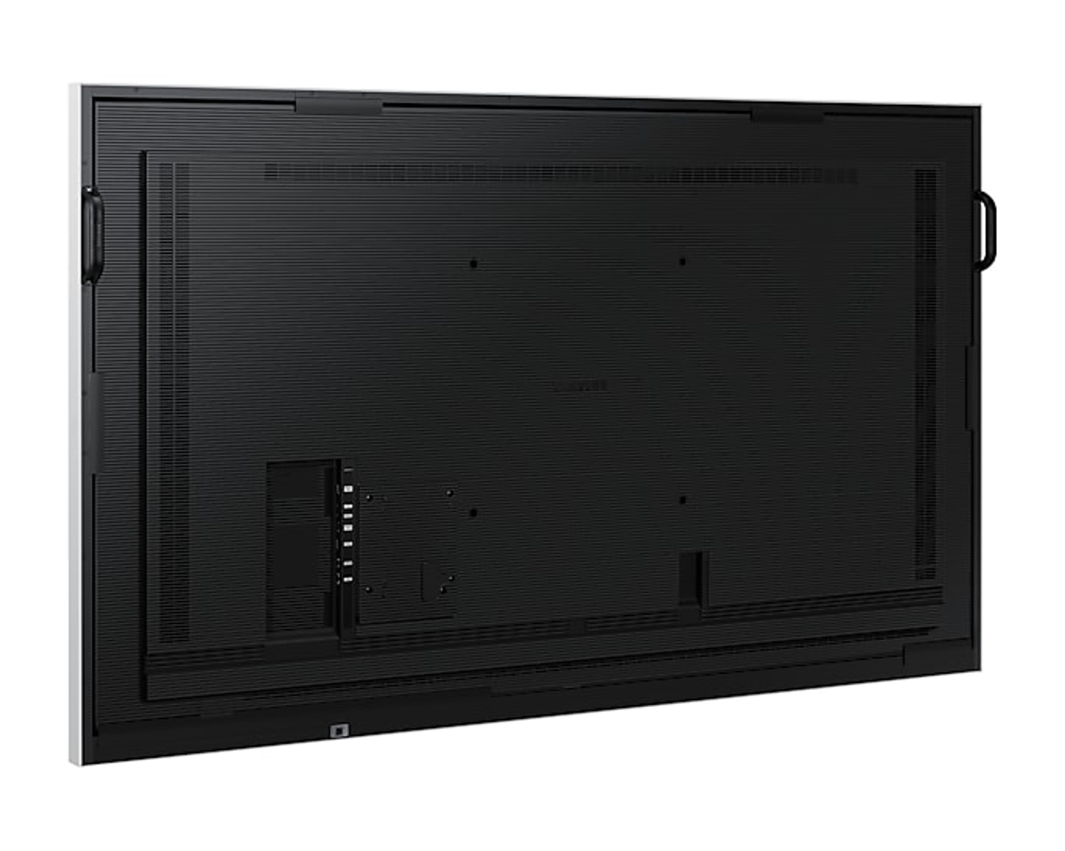 Back view of a black Samsung display with ports and handles.