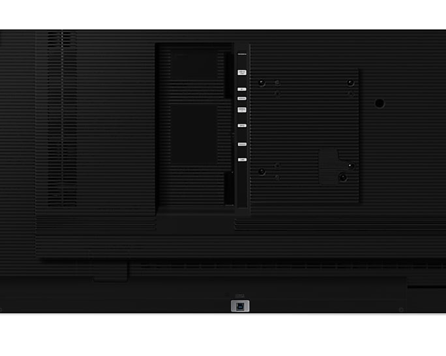 The back of a black television, showing ports and ventilation grilles.