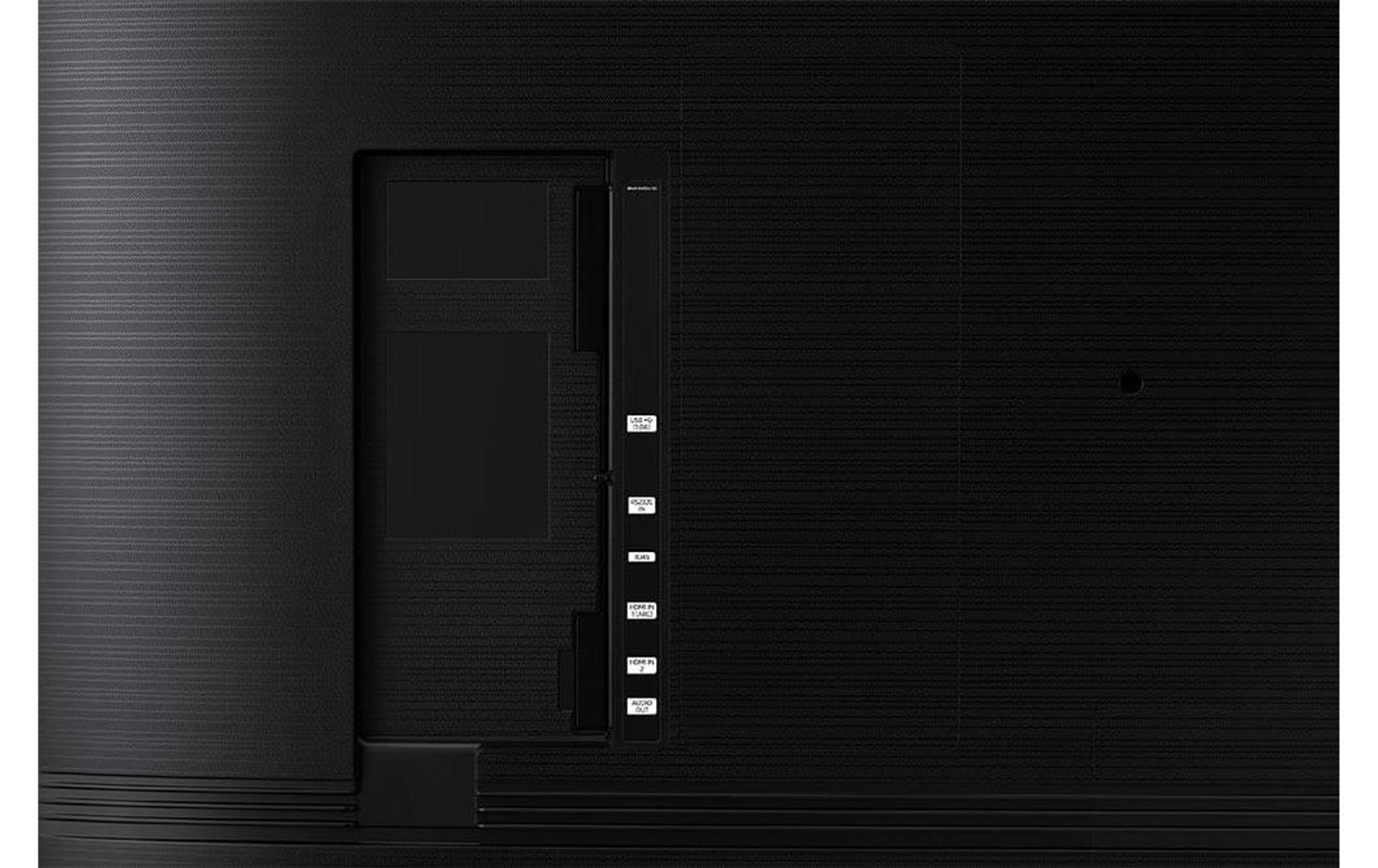 Rückseite eines schwarzen Fernsehers mit Anschlüssen: HDMI, LAN, Audio.
