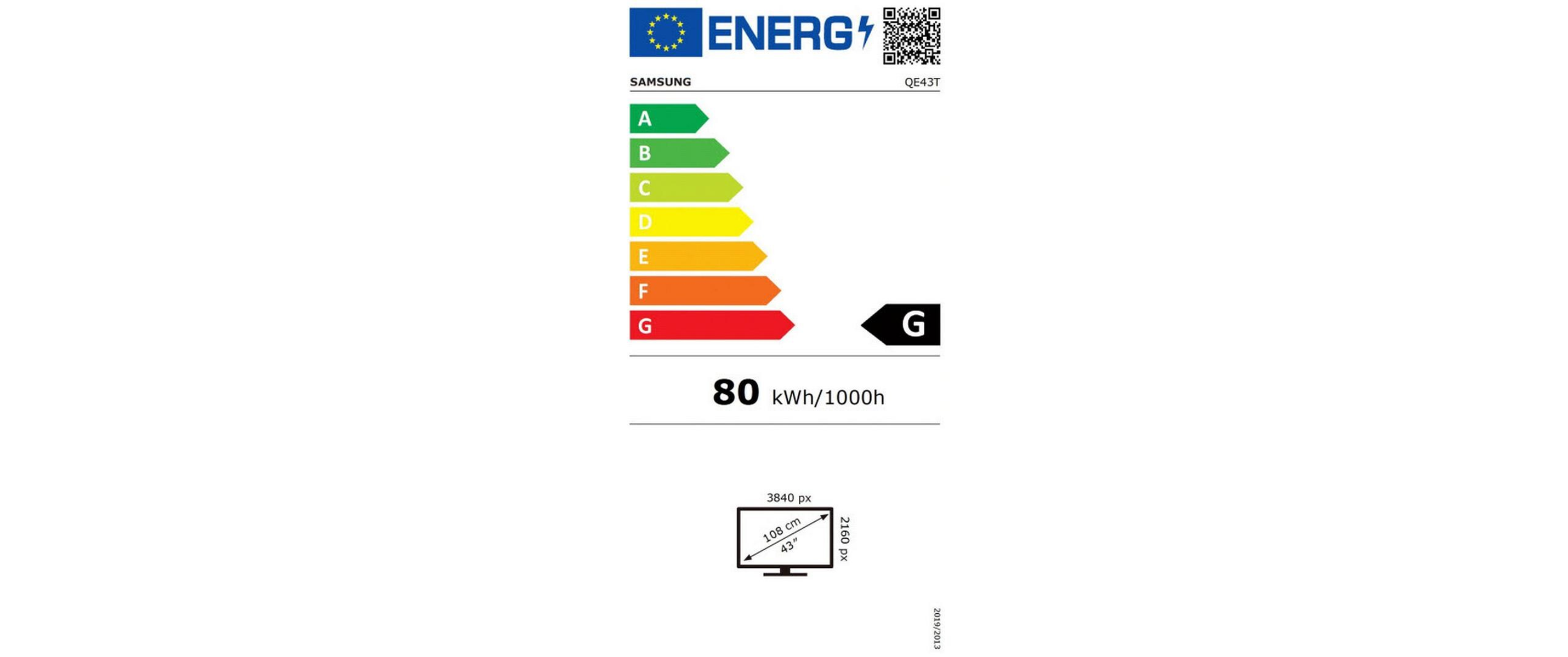 Samsung QE43T Fernseher mit Energieeffizienzklasse G, 80 kWh/1000h.