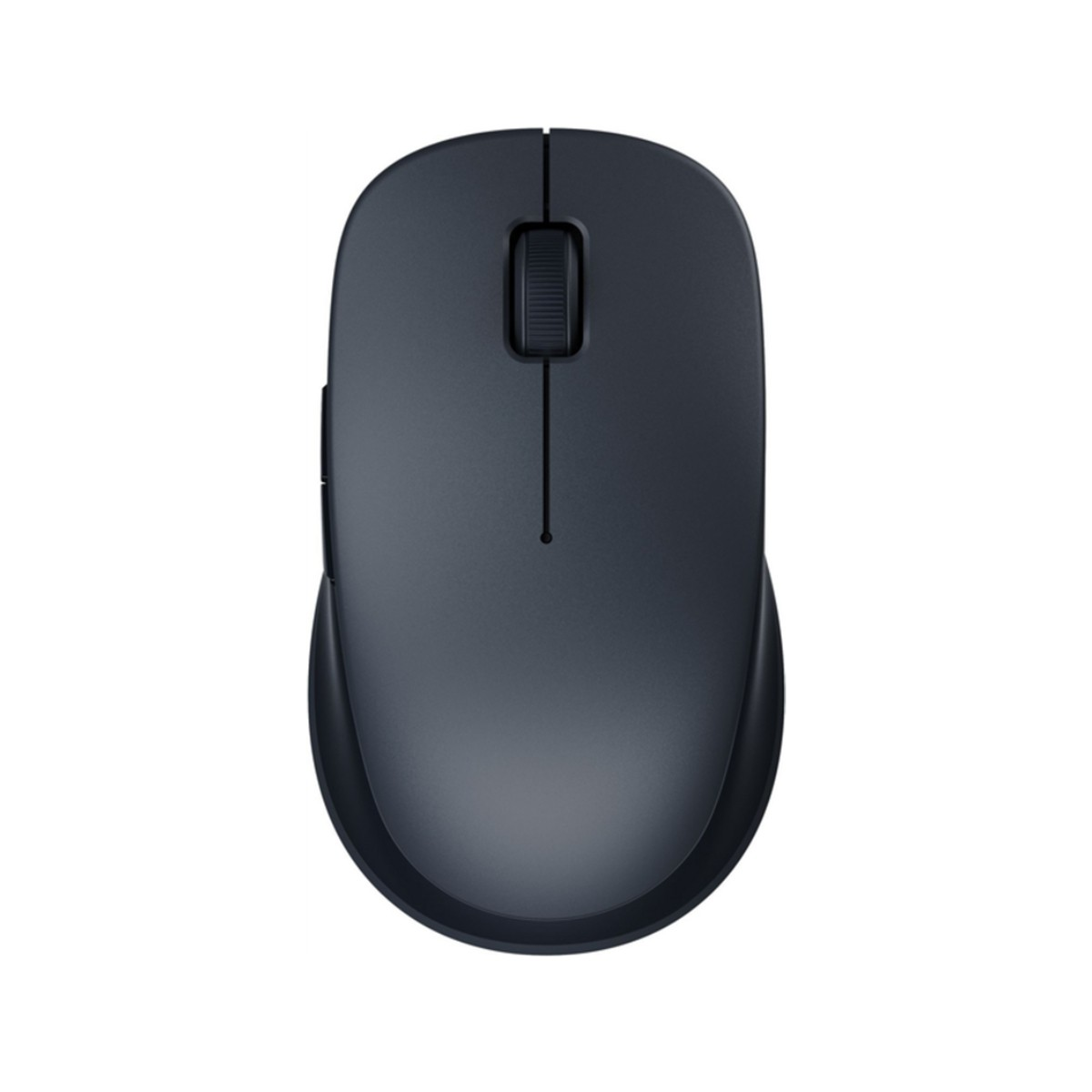 Un mouse wireless grigio scuro con rotellina di scorrimento e pulsanti laterali, su sfondo bianco.