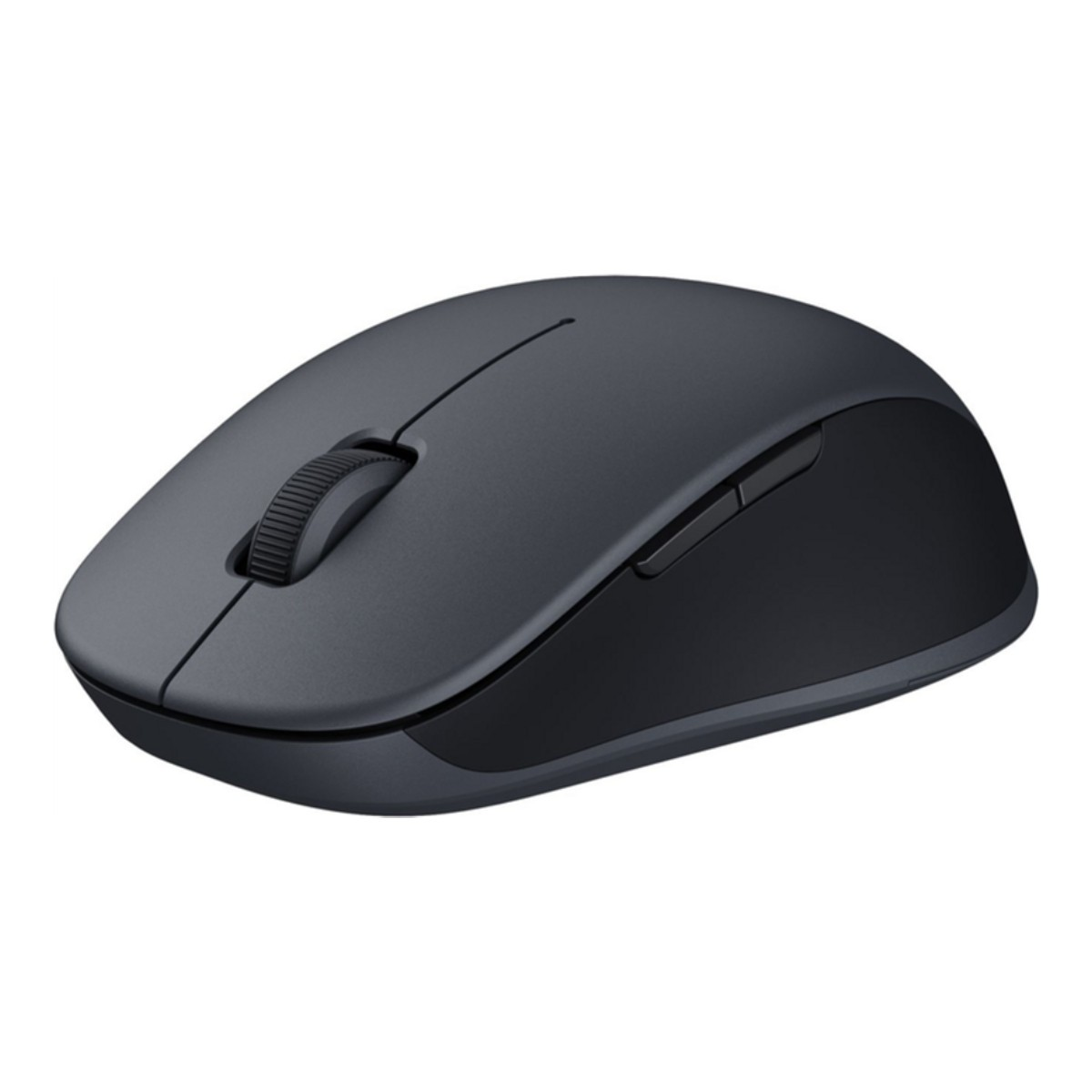Un mouse per computer nero con rotella di scorrimento e due pulsanti, su sfondo bianco.