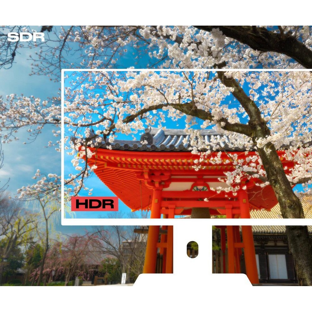 Kersenbloesems boven een rode Japanse poort met bel. SDR en HDR vergeleken.