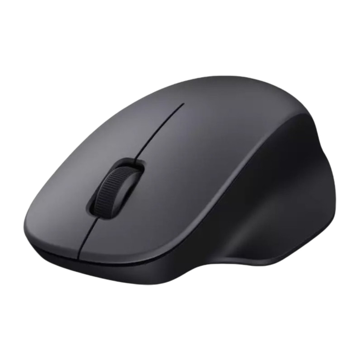 Un mouse per computer nero con rotellina di scorrimento, su sfondo bianco.