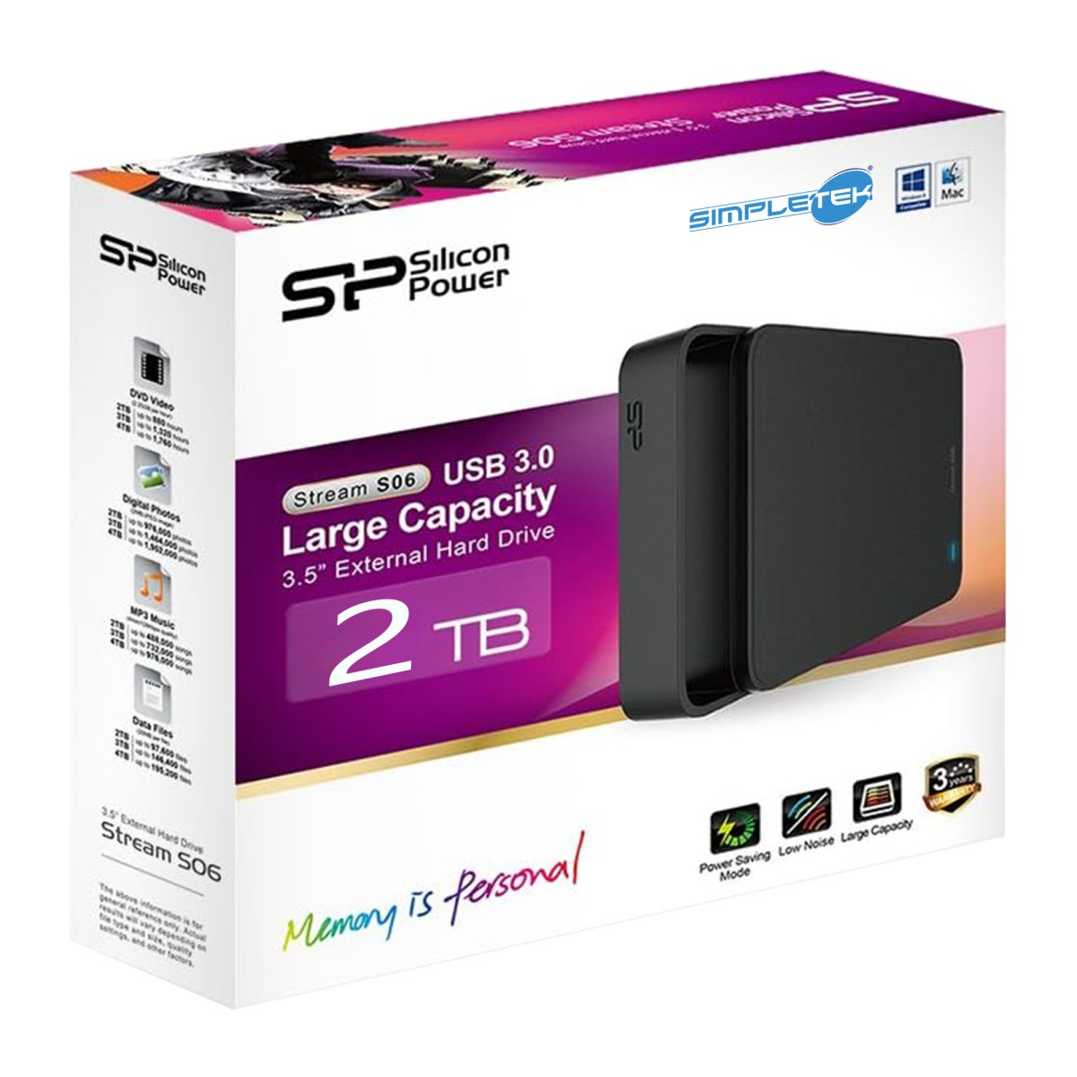 La confezione di un hard disk esterno nero da 2TB Silicon Power Stream S06.