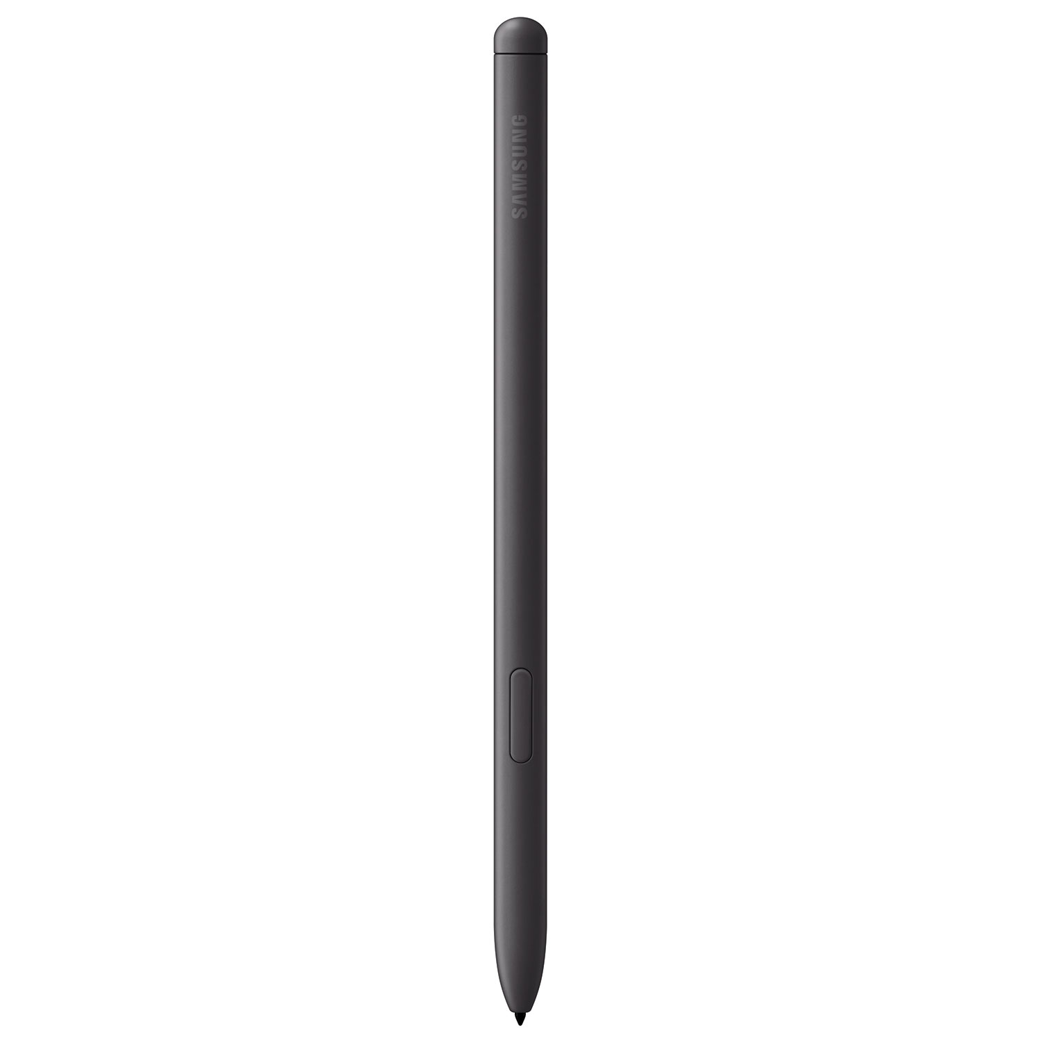 Ein dunkler Samsung S Pen mit einem Knopf, auf weißem Hintergrund.