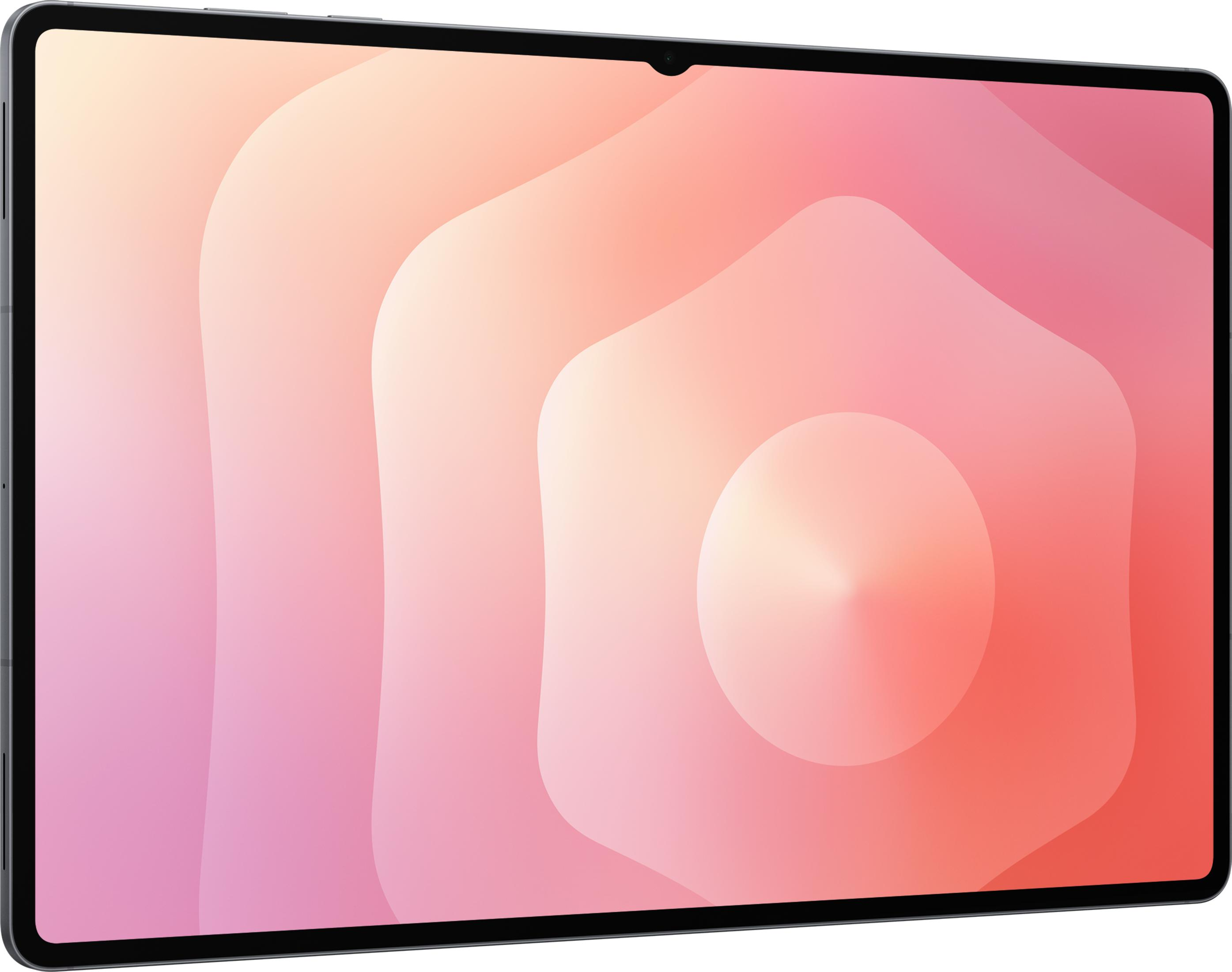 Tablet z abstrakcyjnym wzorem różowych i pomarańczowych kształtów.