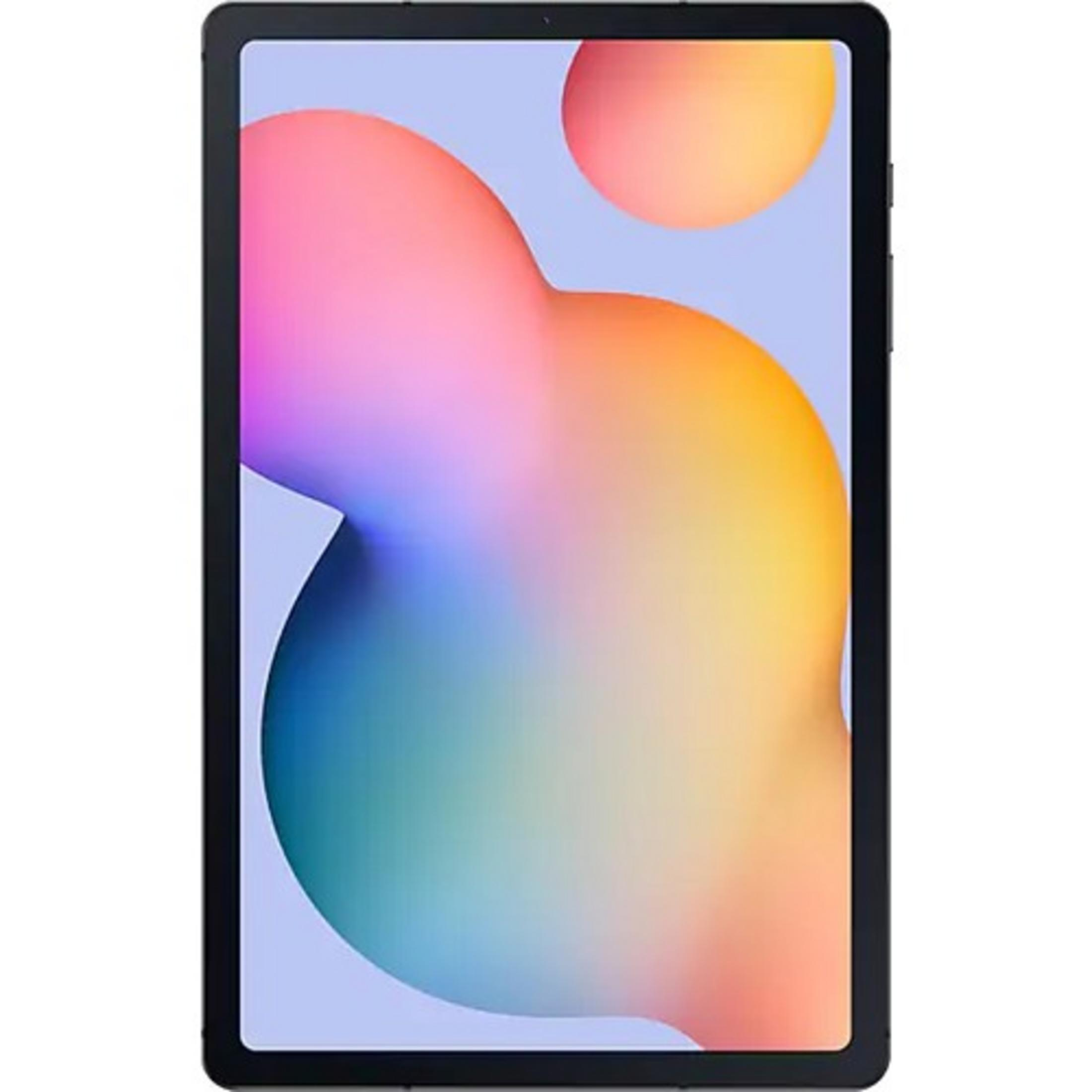 Yumuşak, soyut şekiller içeren renkli duvar kağıdı gösteren siyah bir tablet.