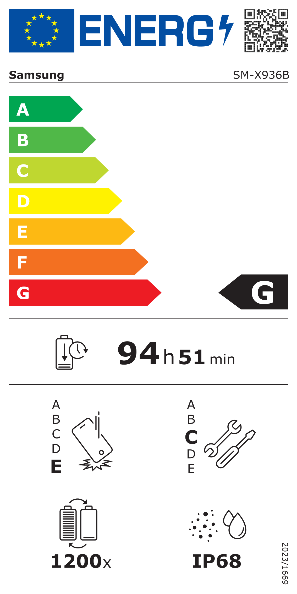 Etichetta di efficienza energetica Samsung con scala A-G e modello SM-X936B.