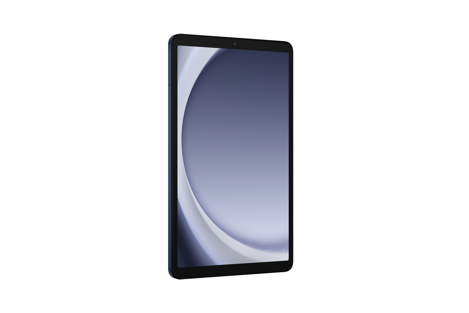 Un tablet scuro con un'immagine di sfondo blu e bianca.