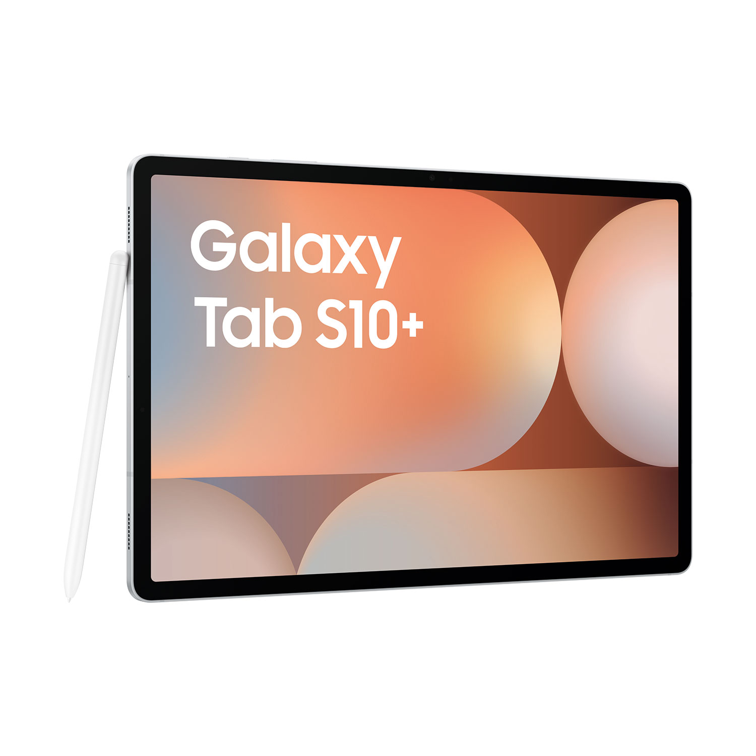 Uno stilo bianco appoggia sul lato sinistro di un tablet Galaxy Tab S10+ argentato.