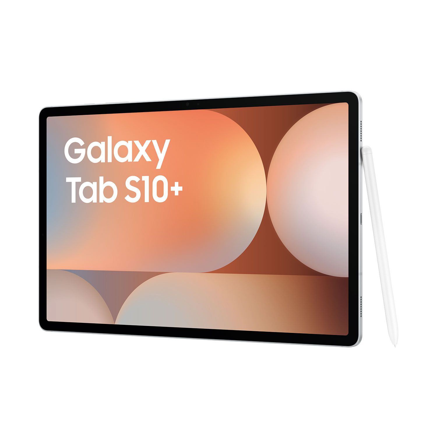Un tablet Galaxy Tab S10+ argentato con uno stilo bianco accanto su sfondo bianco.