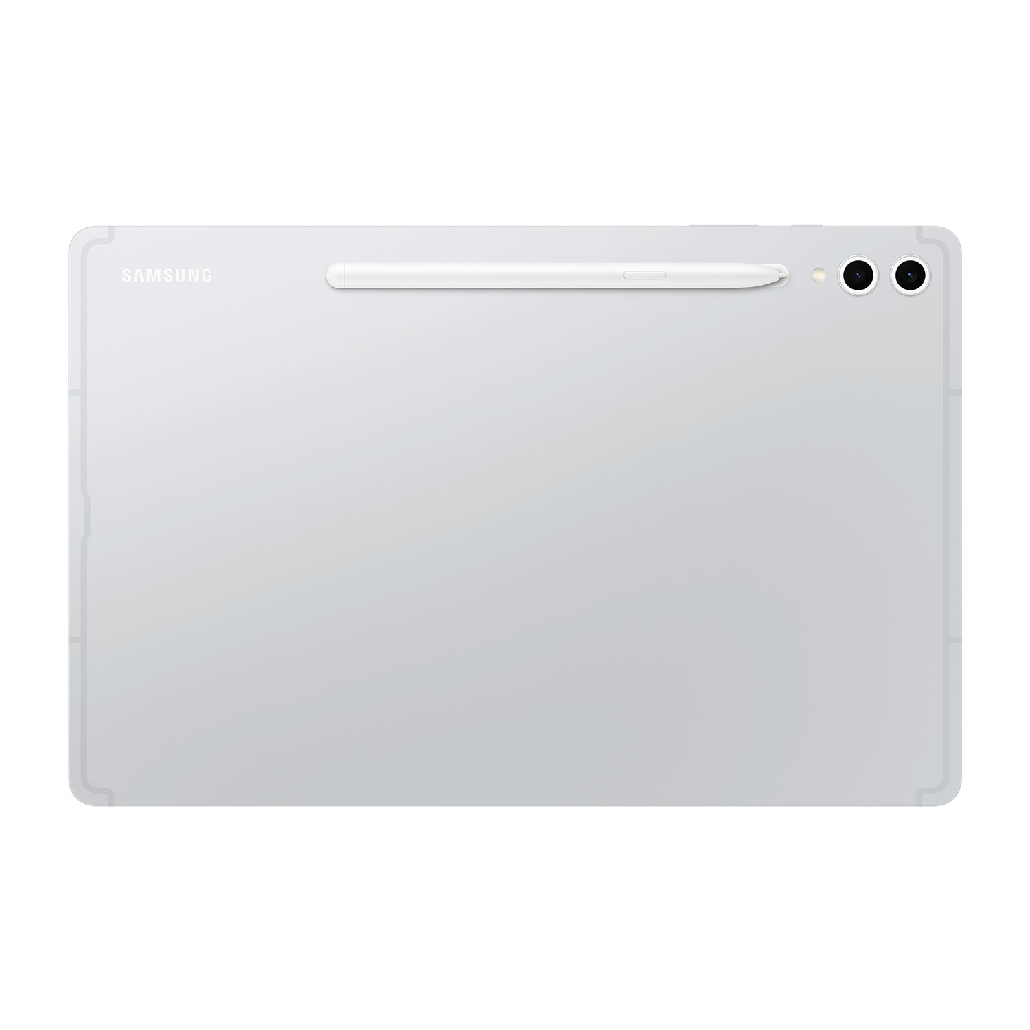 Un tablet Samsung argento con penna e due fotocamere su sfondo bianco.