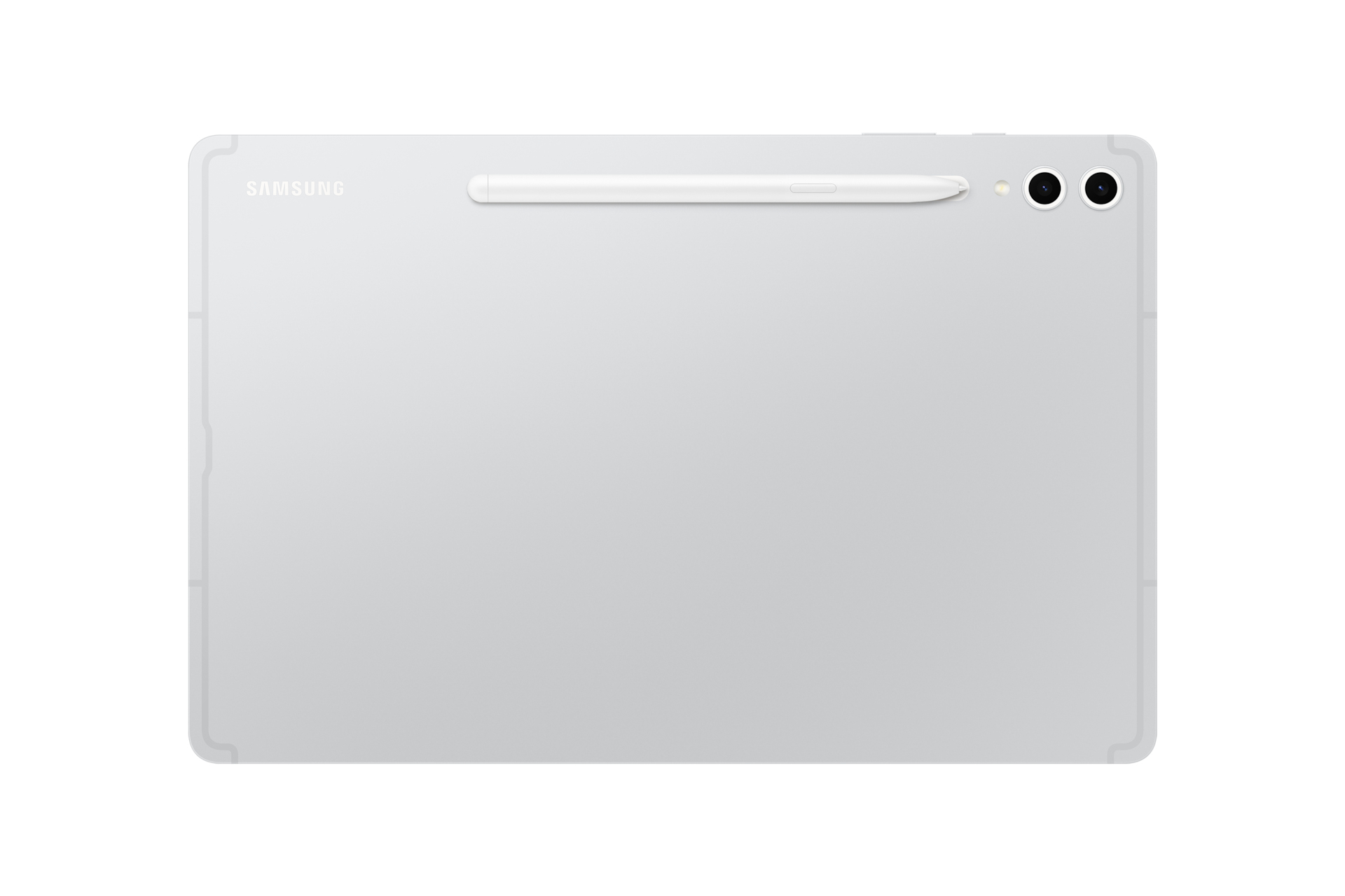 Tablet Samsung argentato con pennino e due fotocamere posteriori su sfondo bianco.