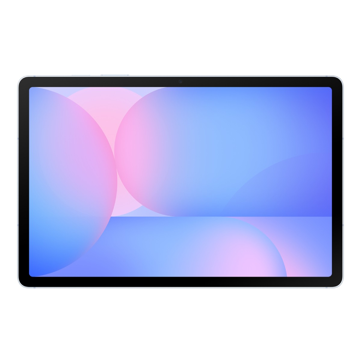 Una tableta azul claro muestra una pantalla con círculos abstractos, pálidos, rosas y azules.
