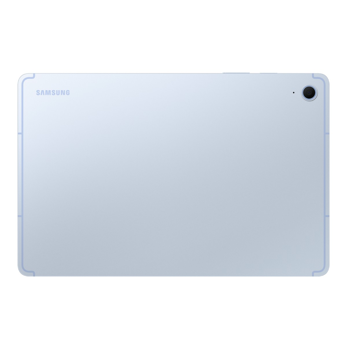 Parte trasera de una tablet Samsung azul claro con cámara y logo.