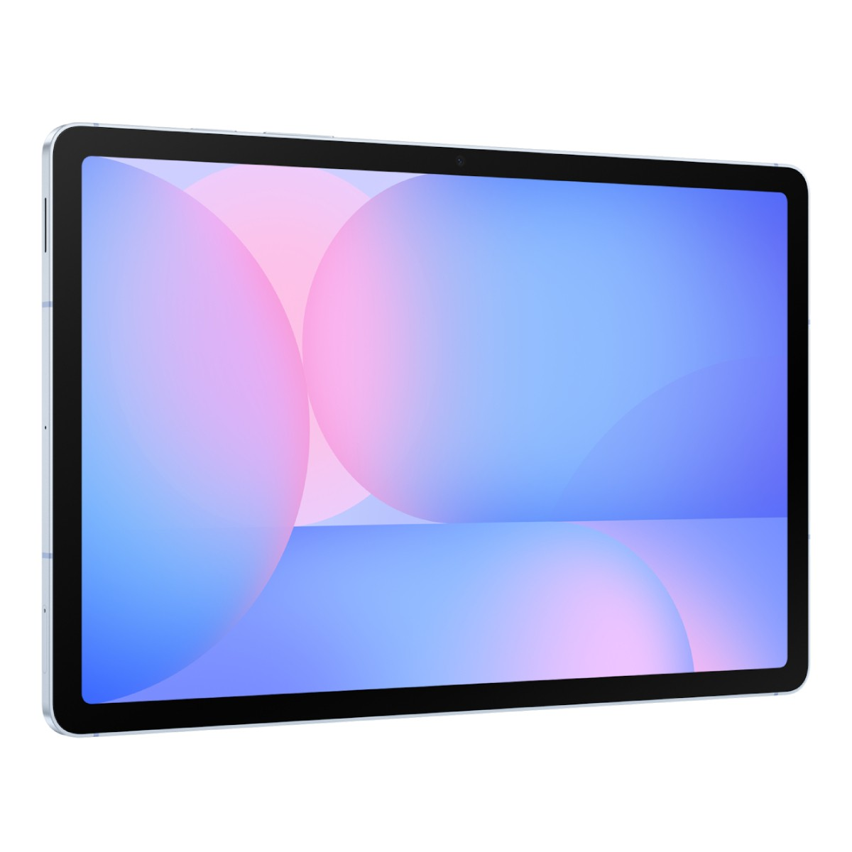 Jasnoniebieski tablet z ekranem wyświetlającym abstrakcyjne, różowo-niebieskie koła.