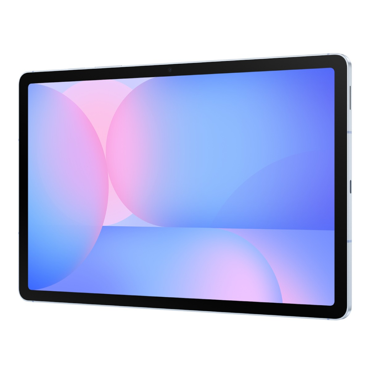 Jasnoniebieski tablet wyświetla ekran z abstrakcyjnym wzorem w kolorach różowym i niebieskim.
