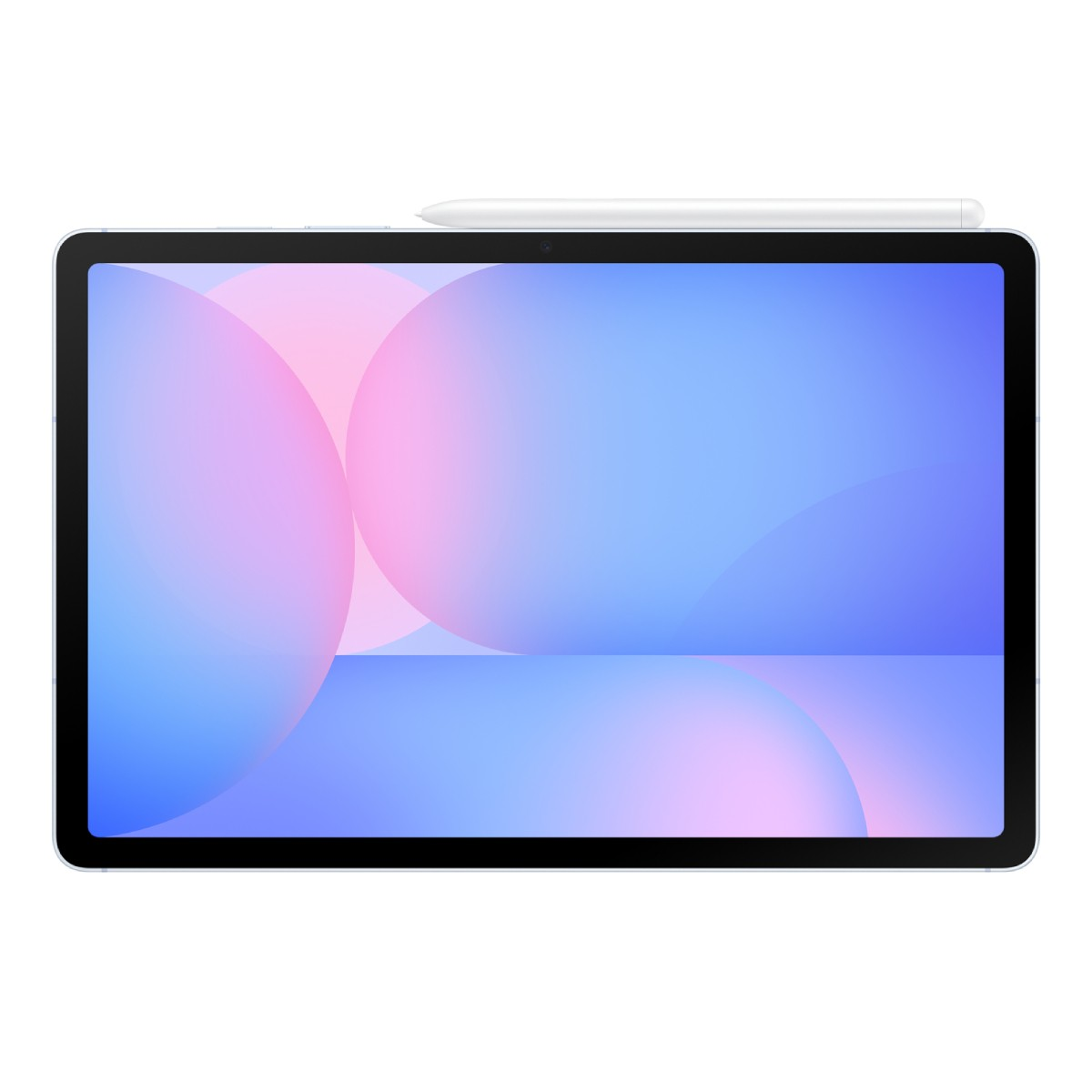 Tablet z rysikiem, z abstrakcyjnym tłem w odcieniach niebieskiego i różu.