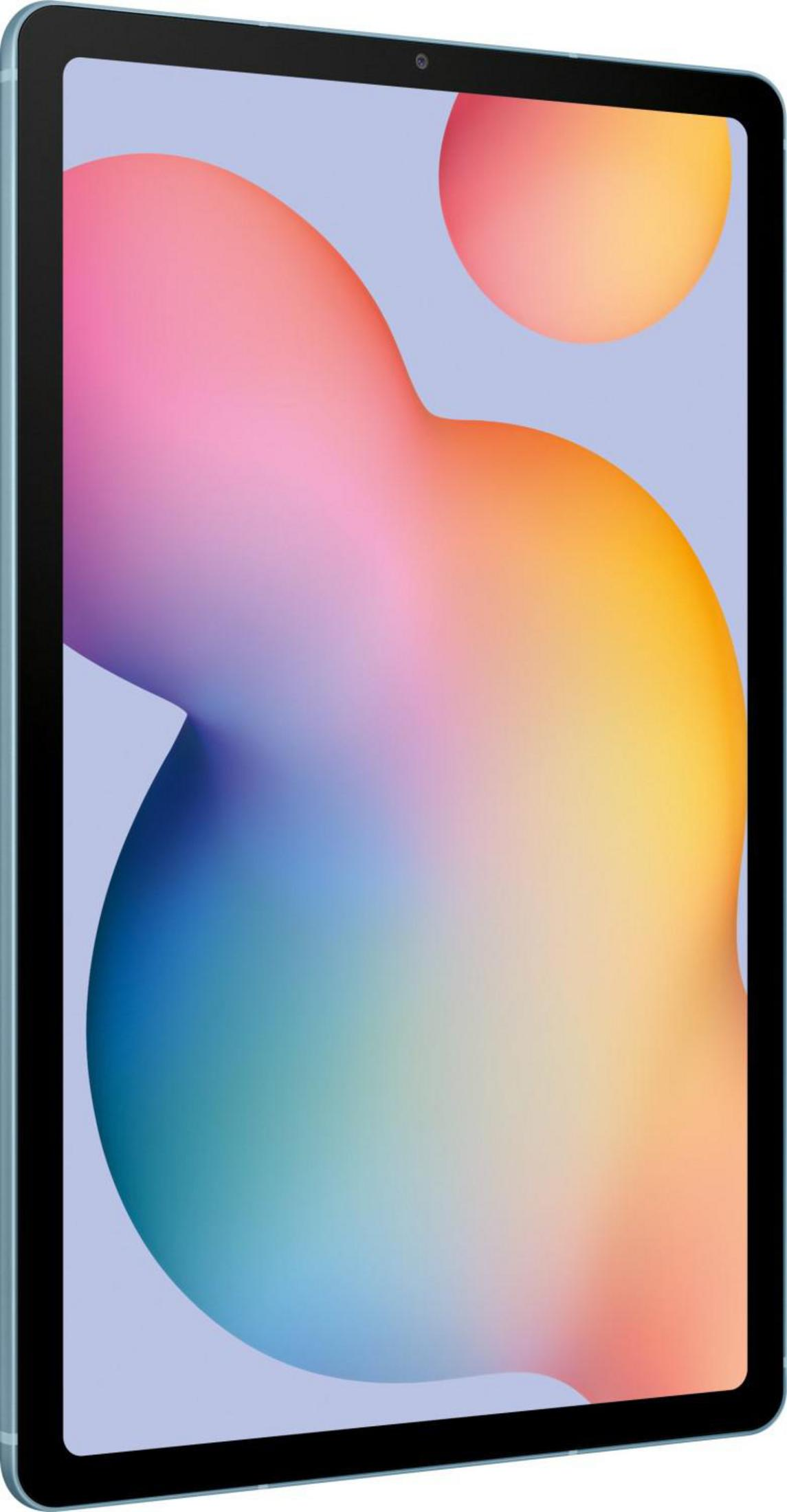 Ein hellblaues Tablet mit einem bunten, abstrakten Hintergrundbild.
