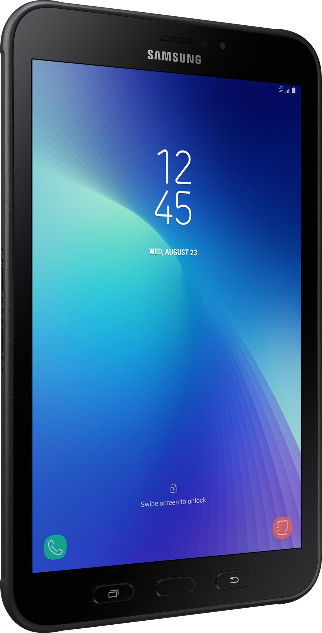 Ein schwarzes Samsung Tablet mit gesperrtem Bildschirm, Zeit und Datum.