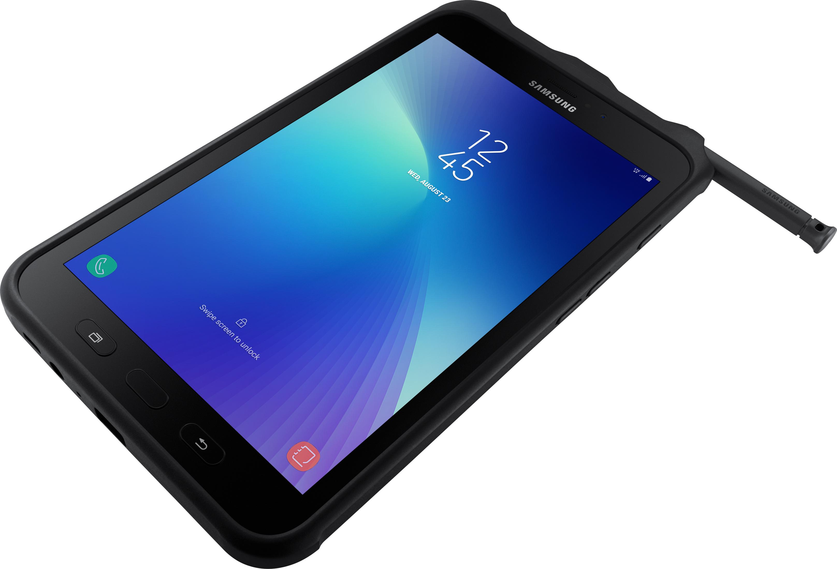 Ein schwarzes Samsung Tablet mit Stift, gesperrt, zeigt Uhrzeit und Datum.