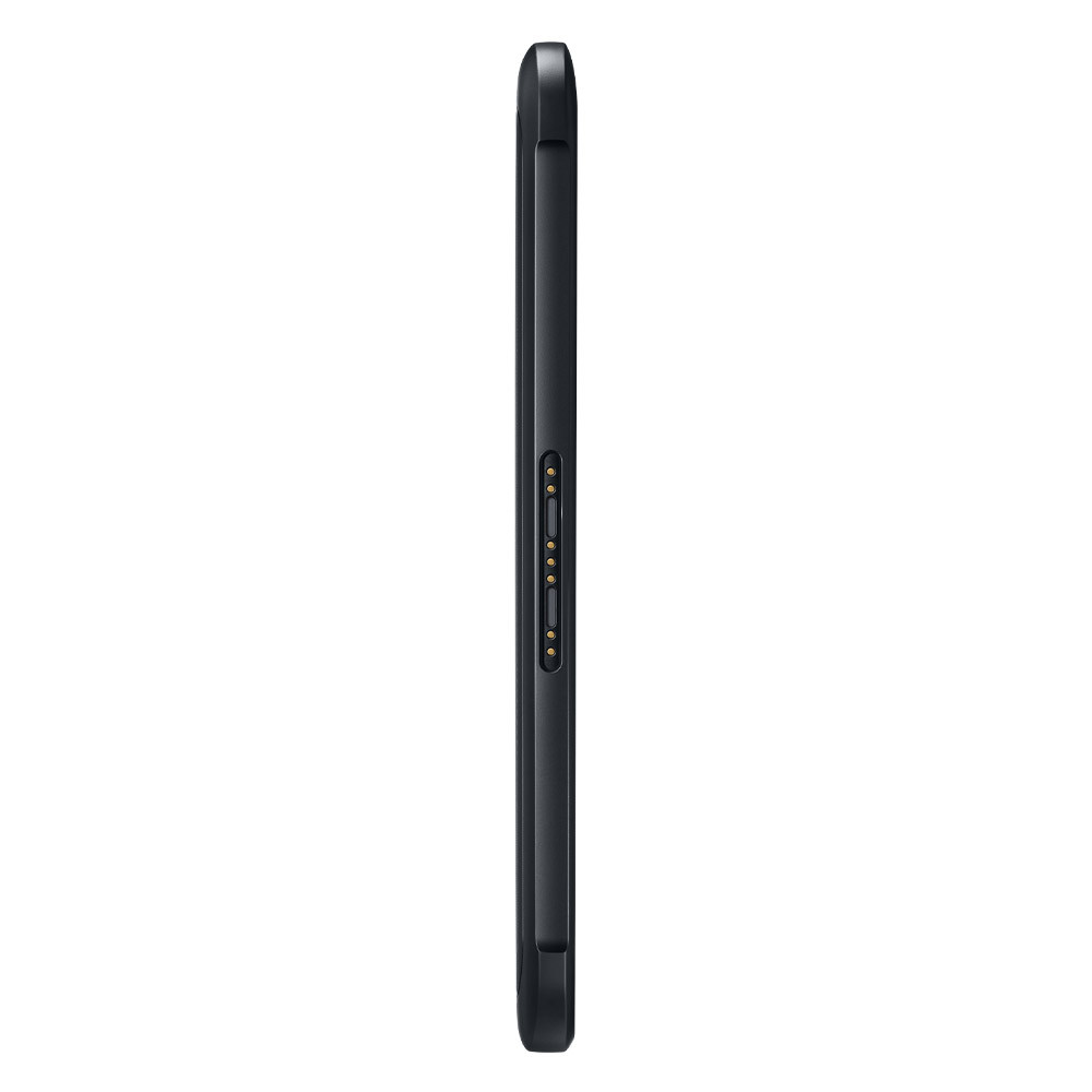 Tablet grigio scuro con contatti di ricarica magnetici sul lato.