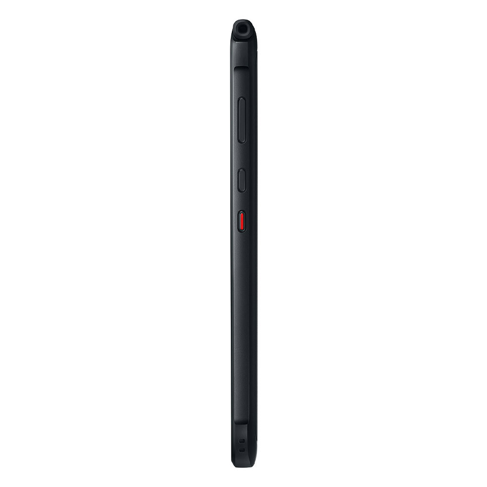 Profilo smartphone nero con pulsanti laterali e un pulsante rosso.