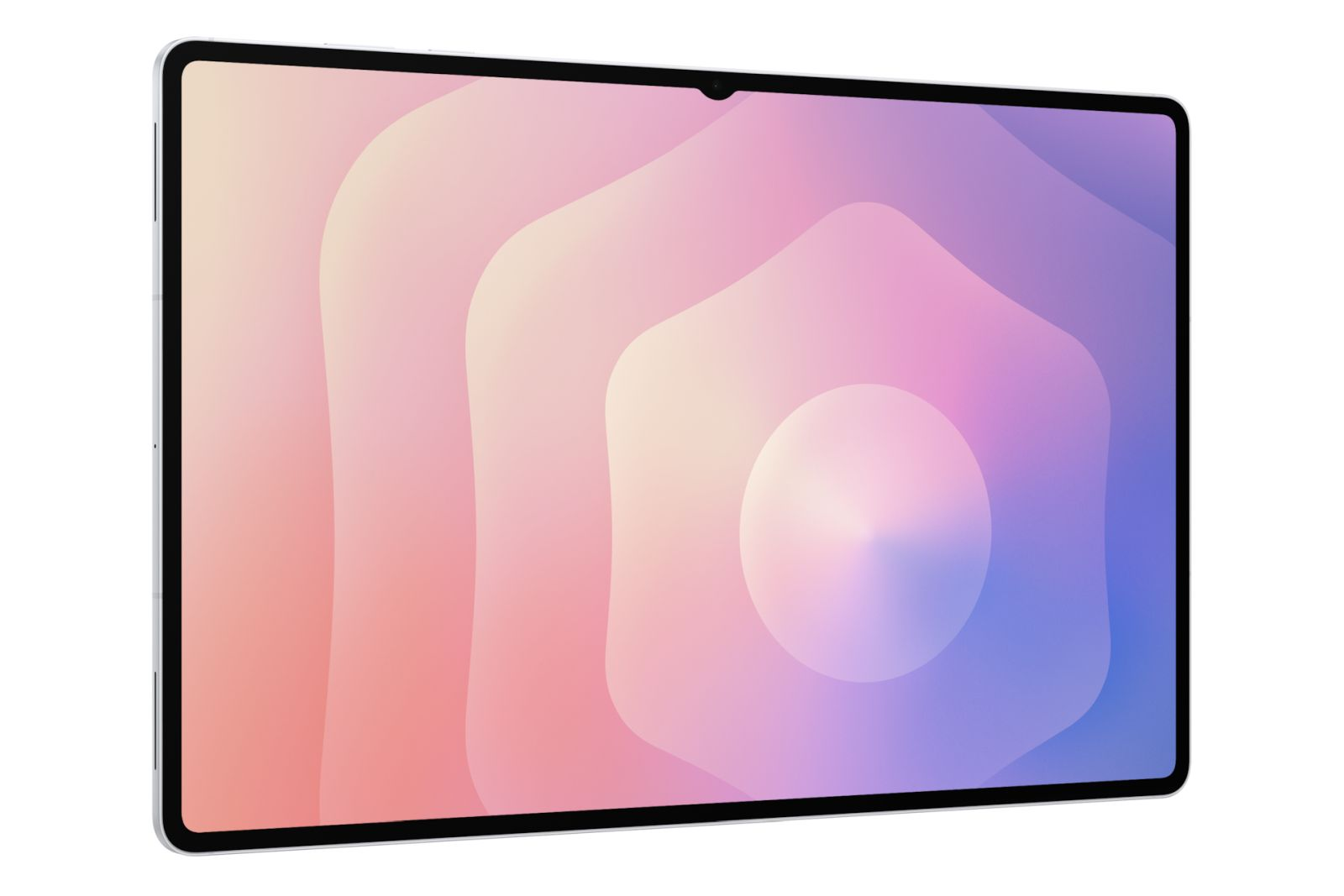 Een zilveren tablet met een abstracte, kleurrijke achtergrond met zachte rondingen.