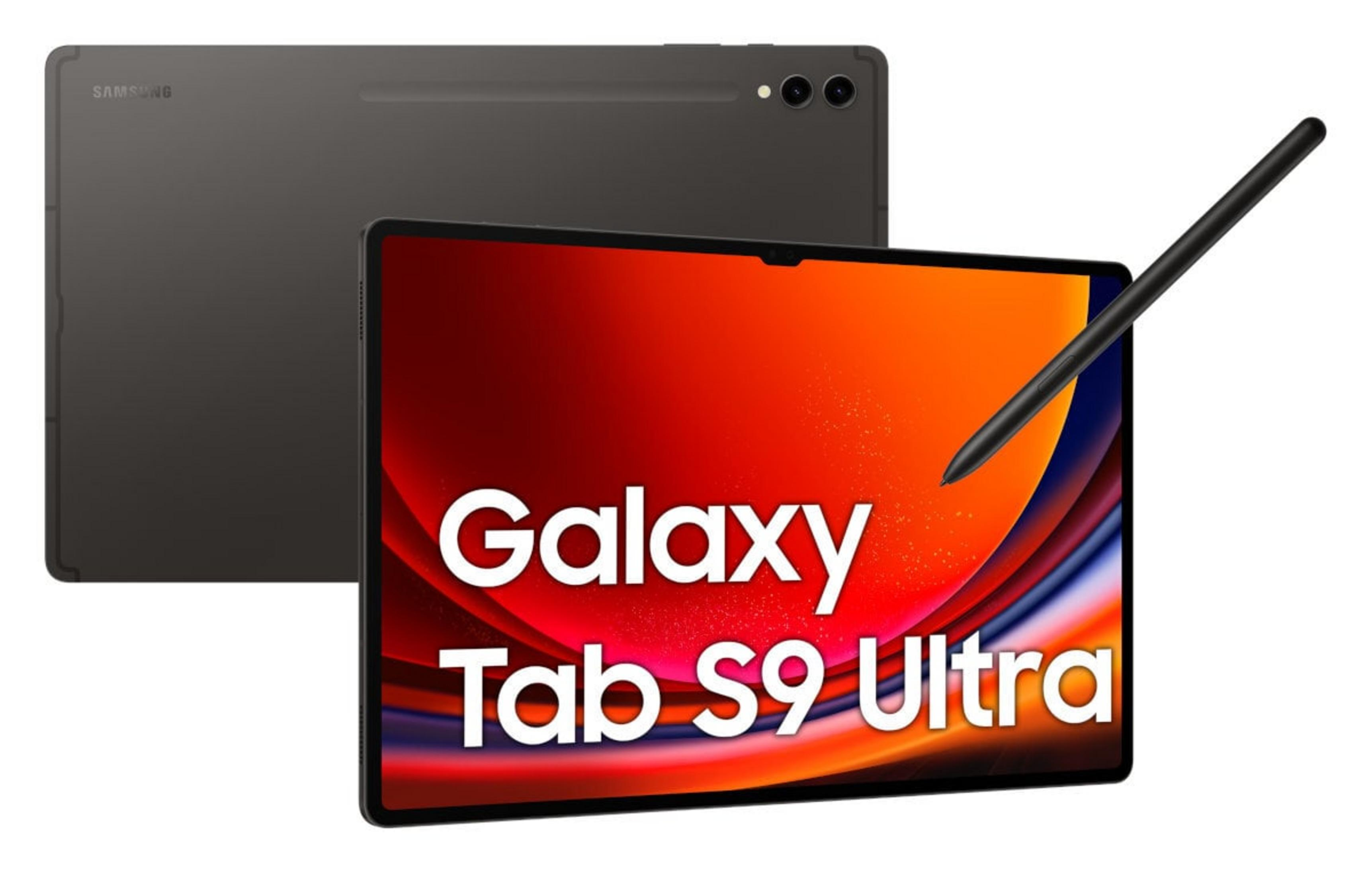 Dunkelgraues Samsung Galaxy Tab S9 Ultra mit Stift auf rotem Hintergrund.