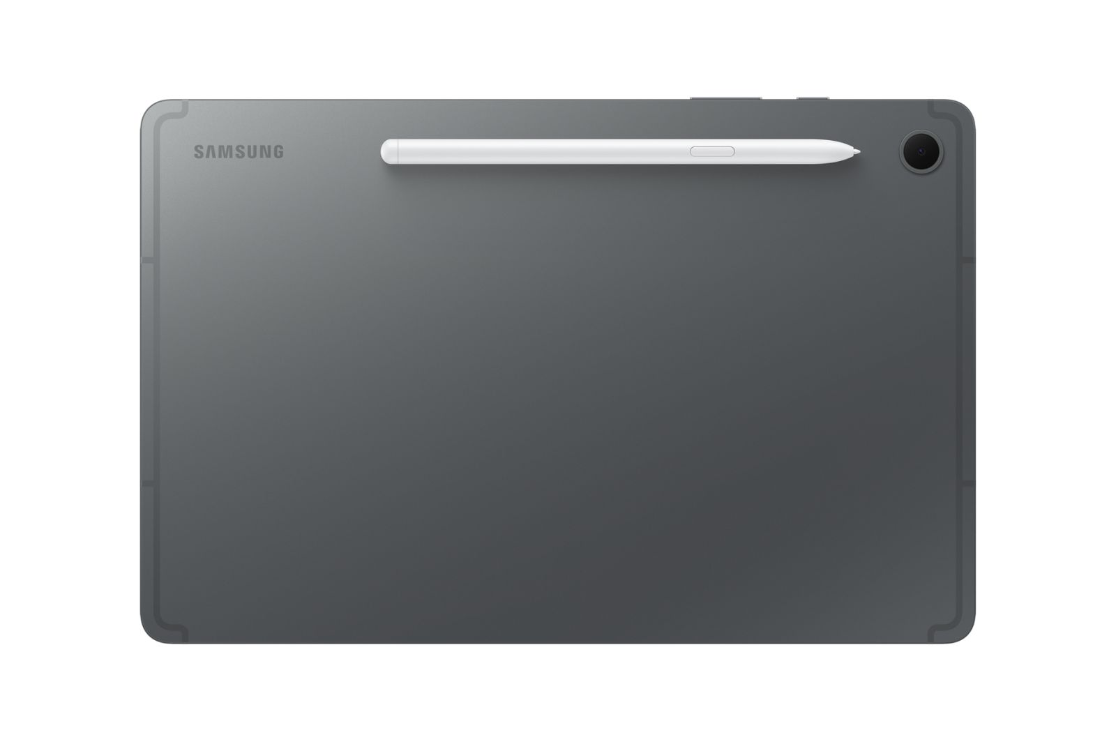 Una tableta Samsung gris con un lápiz óptico blanco en la parte posterior.