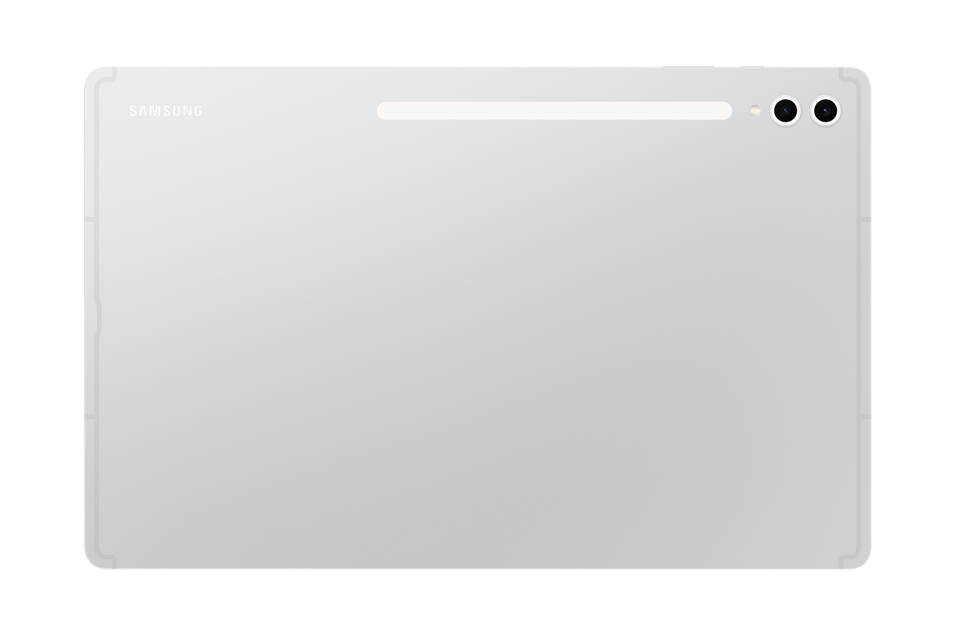 Tablet Samsung argentato con due fotocamere posteriori e barra luminosa.