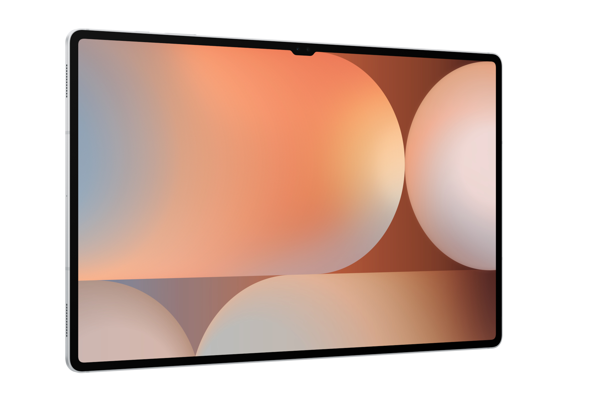 Un tablet mostra uno sfondo astratto con sfumature arancioni, rosa e blu.