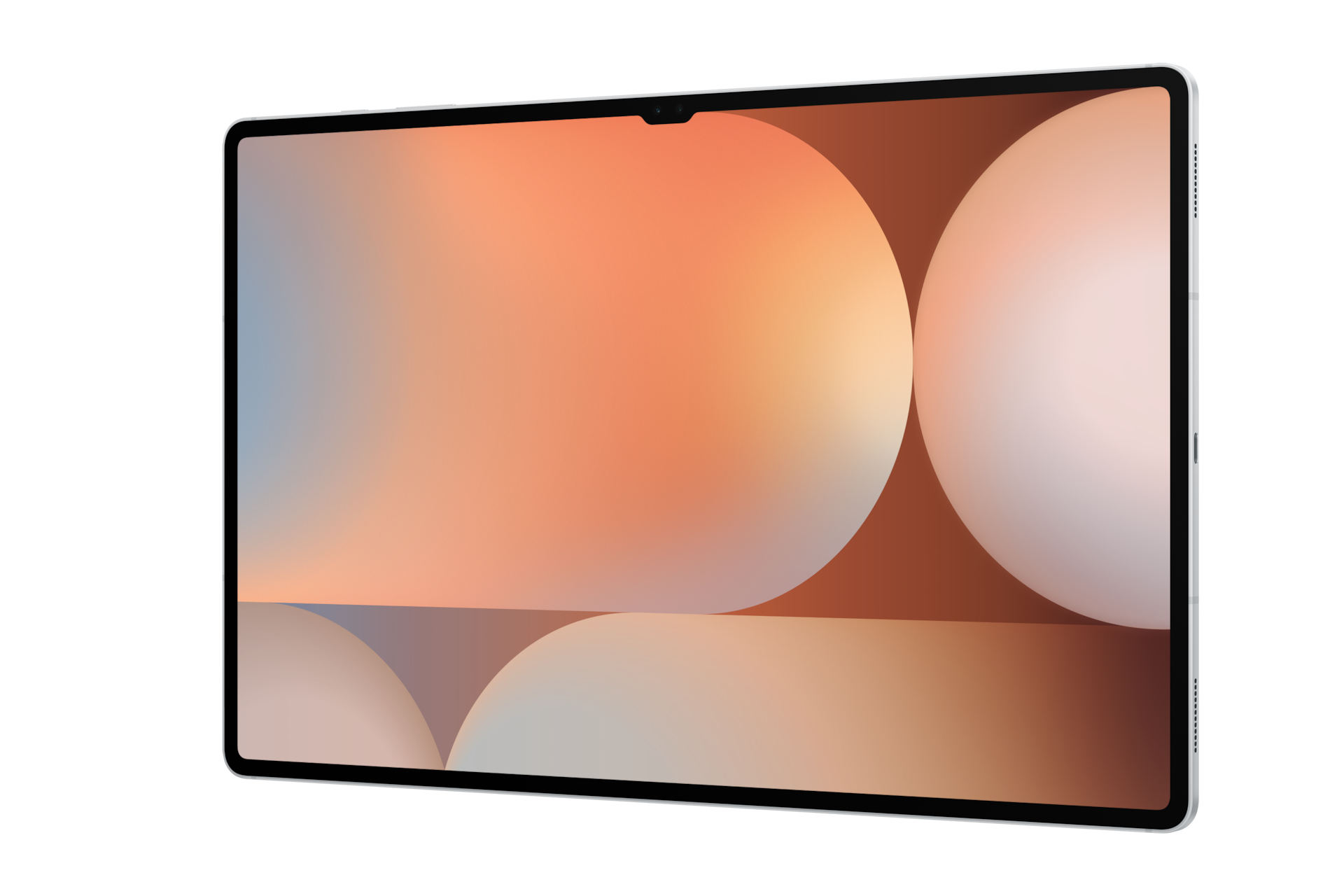 Un tablet argentato con uno sfondo astratto colorato.