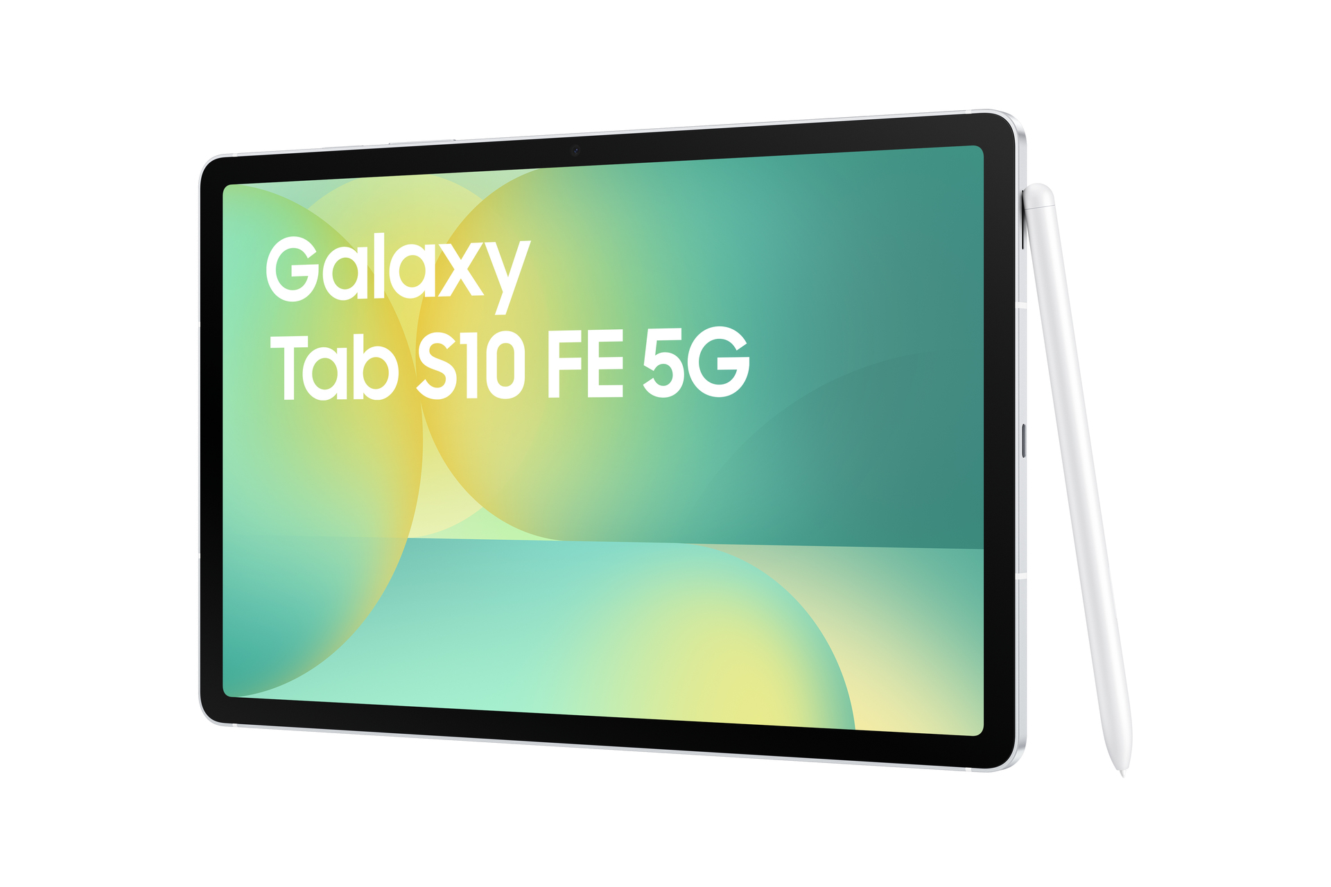 Srebrny tablet z białym rysikiem. Na ekranie widnieje napis „Galaxy Tab S10 FE 5G”.