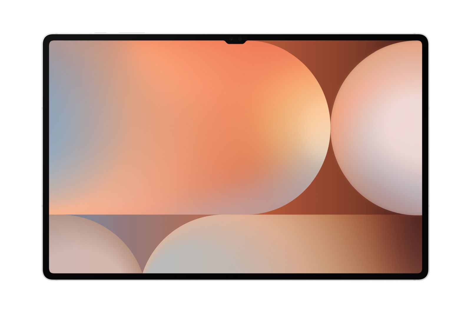 Tablet z abstrakcyjnym tłem kół w odcieniach pomarańczy i błękitu.