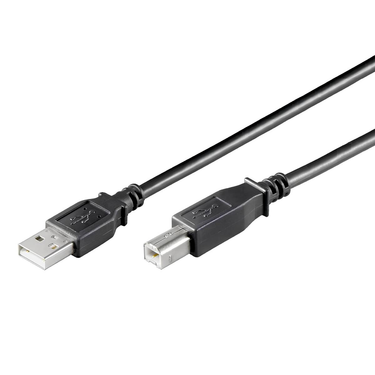 Ein schwarzes USB-Kabel mit zwei verschiedenen Anschlüssen: USB-A und USB-B.
