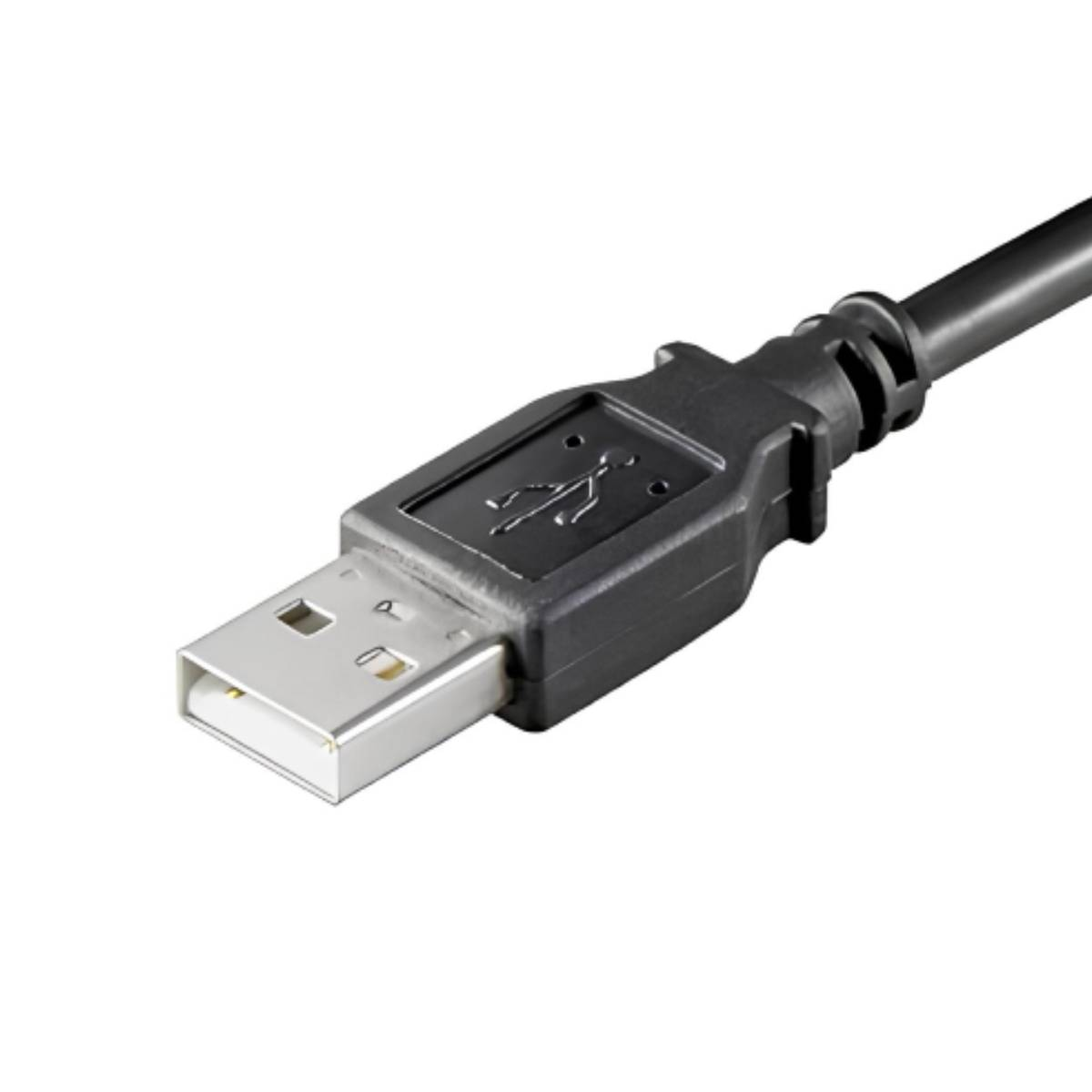Schwarzes USB-Kabel mit silbernem Anschluss und USB-Symbol.