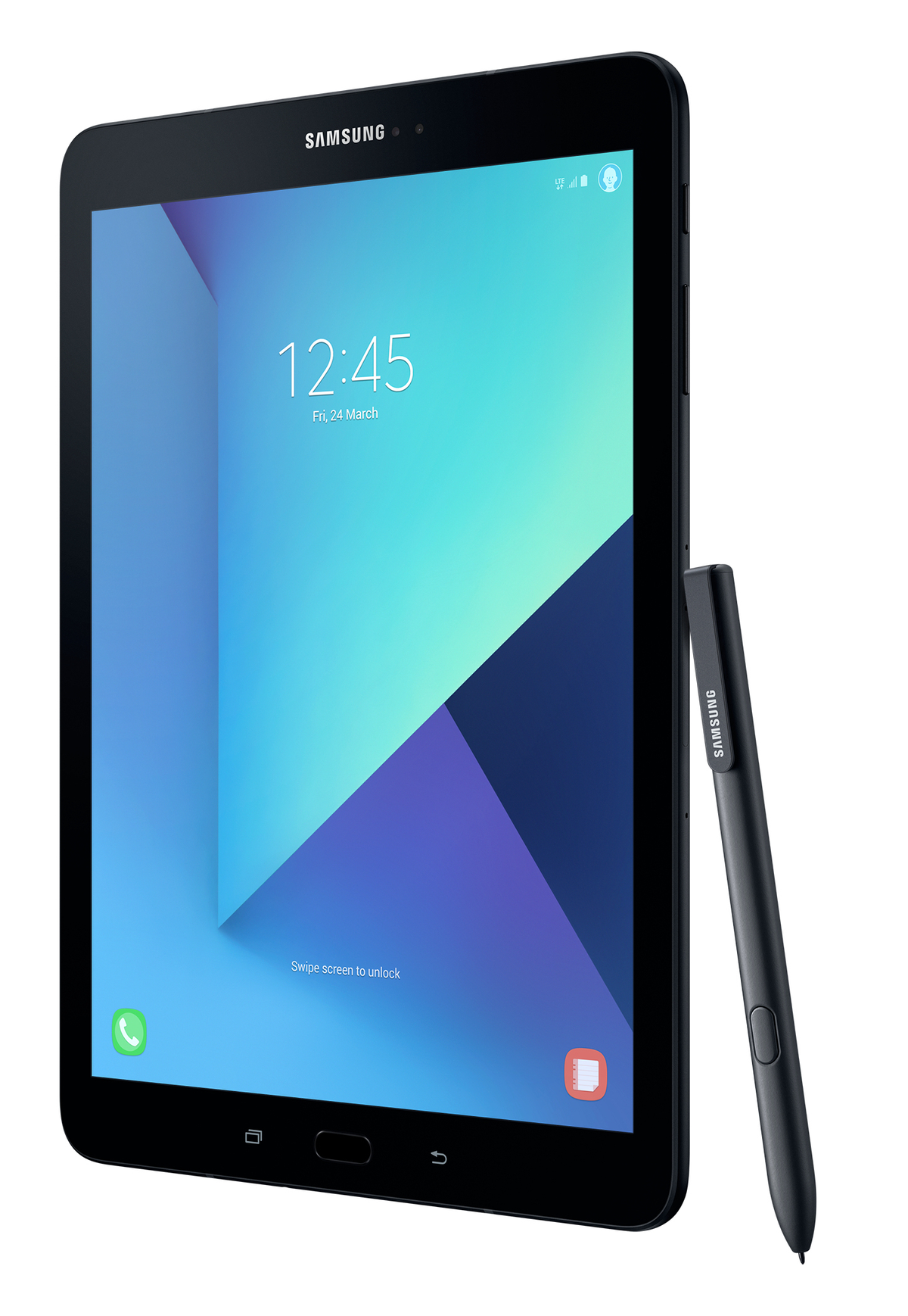 Schwarzes Samsung Tablet mit Stift. Zeigt 12:45 Uhr an.