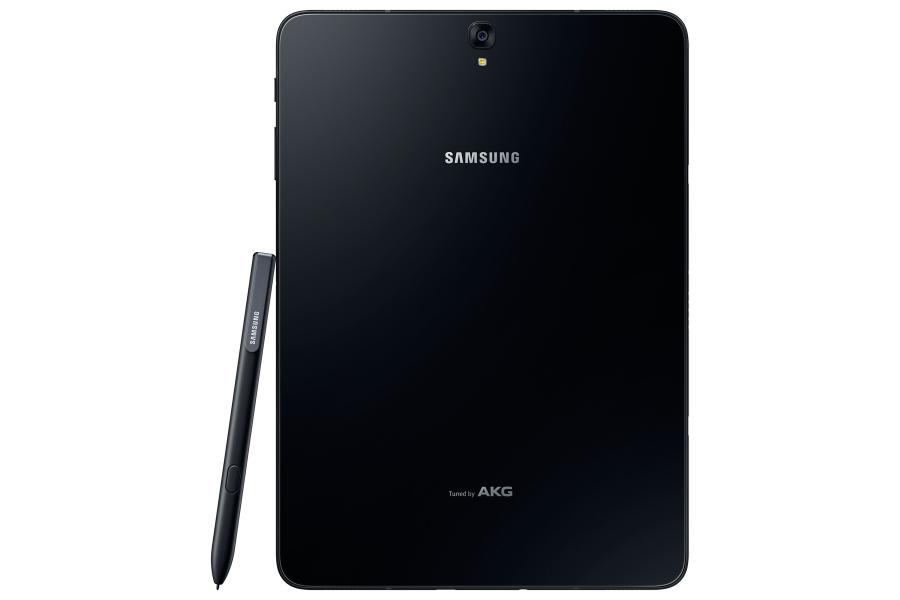 Schwarzes Samsung Tablet mit Stift. Auf der Rückseite sind 