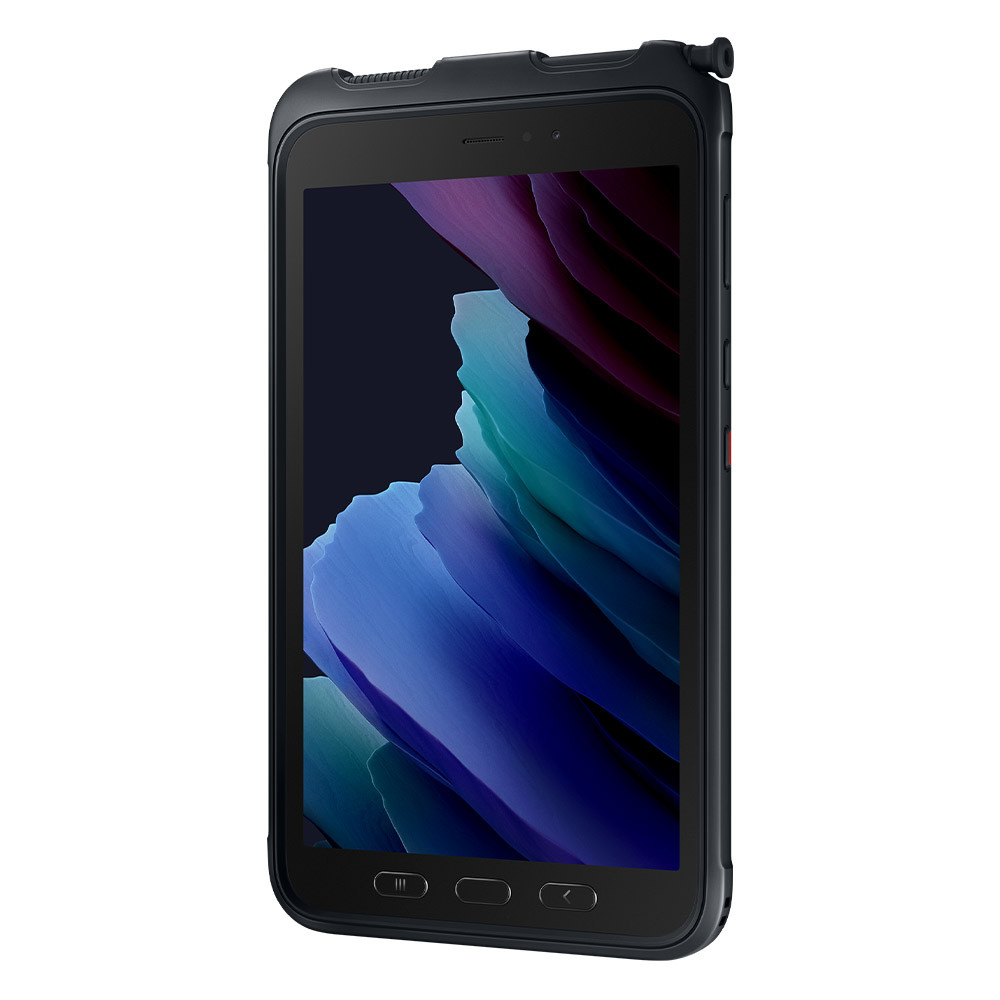 Un tablet nero con uno sfondo colorato sullo schermo.