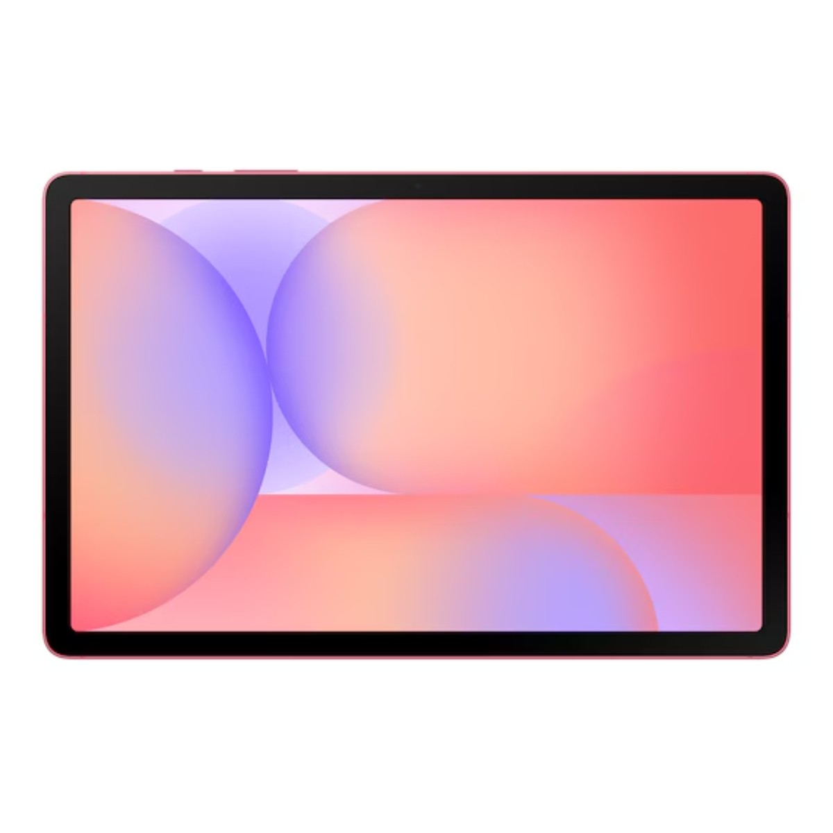 Różowy tablet z kolorowym tłem na ekranie.