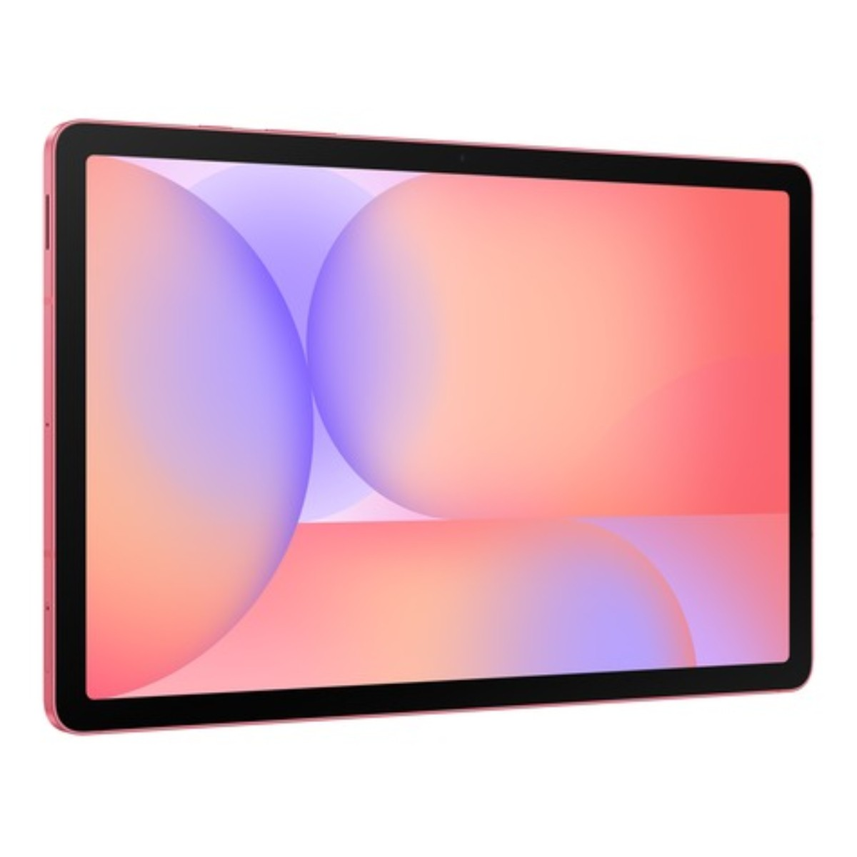 Różowy tablet wyświetlający abstrakcyjne tło z pomarańczowych i fioletowych kół.