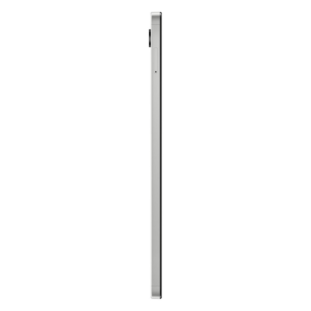 Tablet argentato visto di lato su sfondo bianco.